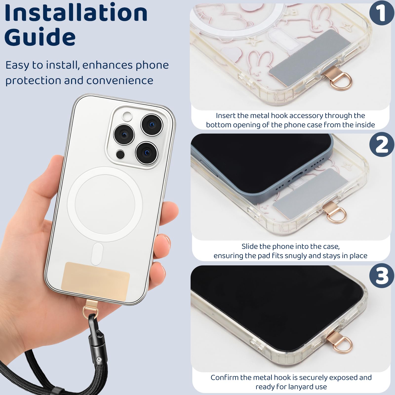 Languettes universelles d'attache de téléphone - Lanière fine de rechange pour coque intégrale (or, noir, or rose)