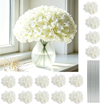 THARAHT 25pcs Ivory Hydrangea Artificial Flowers Bulk Heads with Stems Fade-Resistant Reusable for DIY Flower Walls Wreaths Wedding Centerpieces Home Garden Table Party Decoration