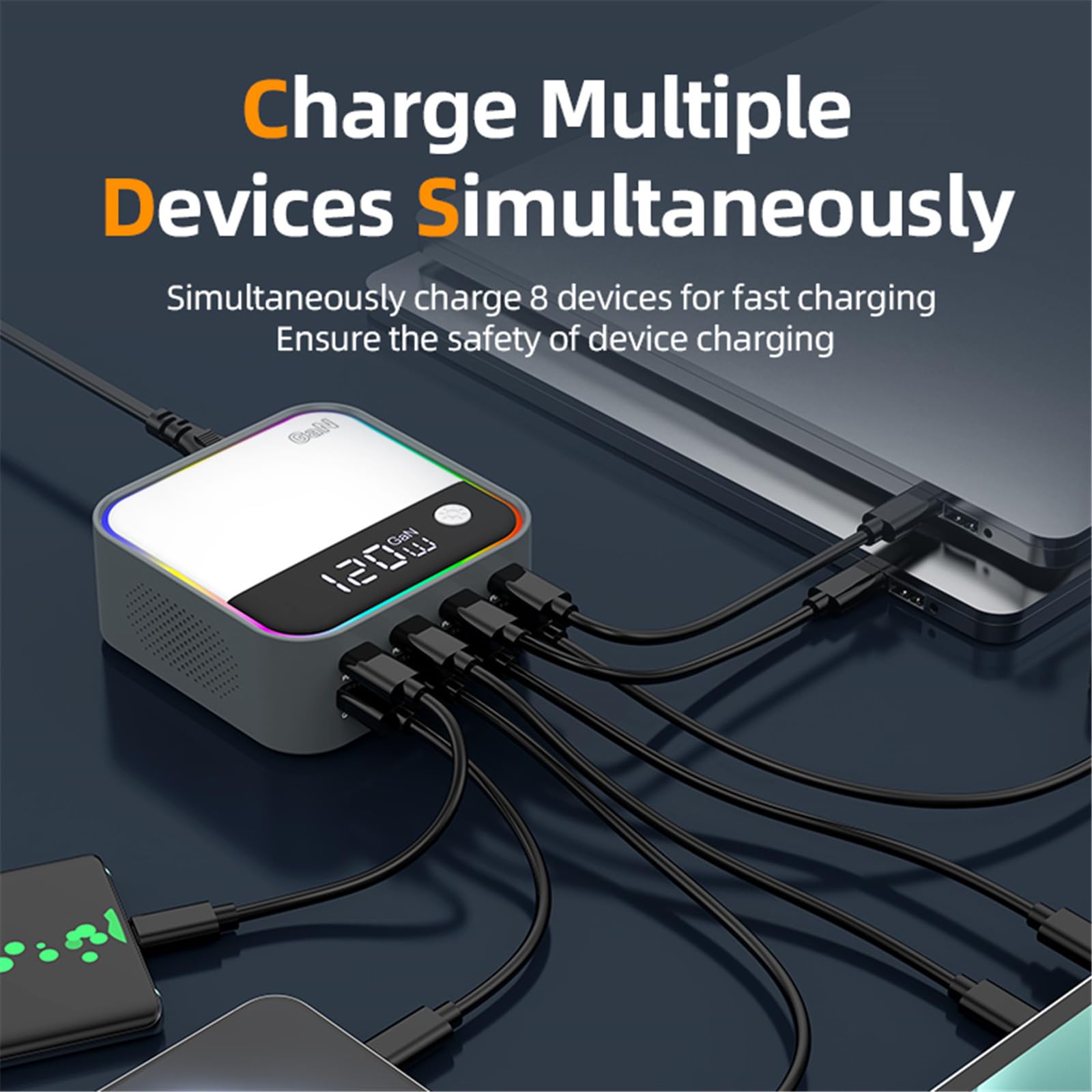 Caricatore da tavolo USB C da 120 W con ricarica rapida PD 100 W, display digitale e luce ambientale RGB per telefoni e laptop