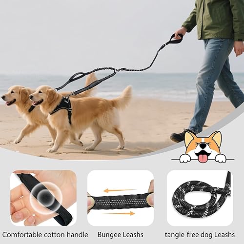 Miniatura 2 de Correas para perros, correa doble para perros para dos perros, correa elástica resistente para perro, correas reflectantes que absorben los golpes