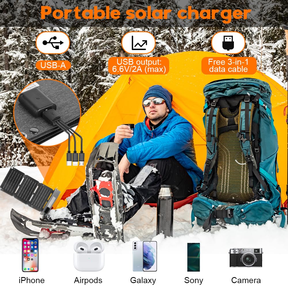 HOTUT Panneau Solaire Pliable, 10W Chargeur Solaire Portable, Port USB (6,6 V/2 A), Format de Poche et étanche Chargeur pour l'extérieur, Compatible avec Les Téléphones, Tablettes, Batterie Externe
