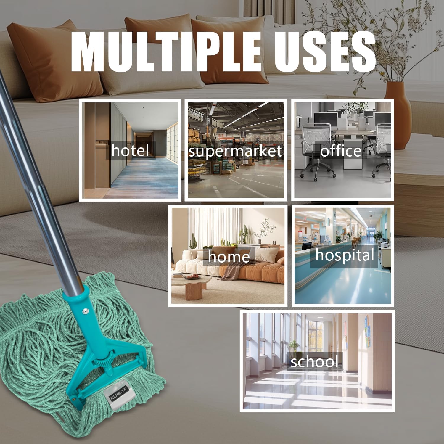 Commercial Cotton Mop Heavy-Duty Industrial with 2 Replacement Heads 152 cm Handle Replacement mop Head (Green)