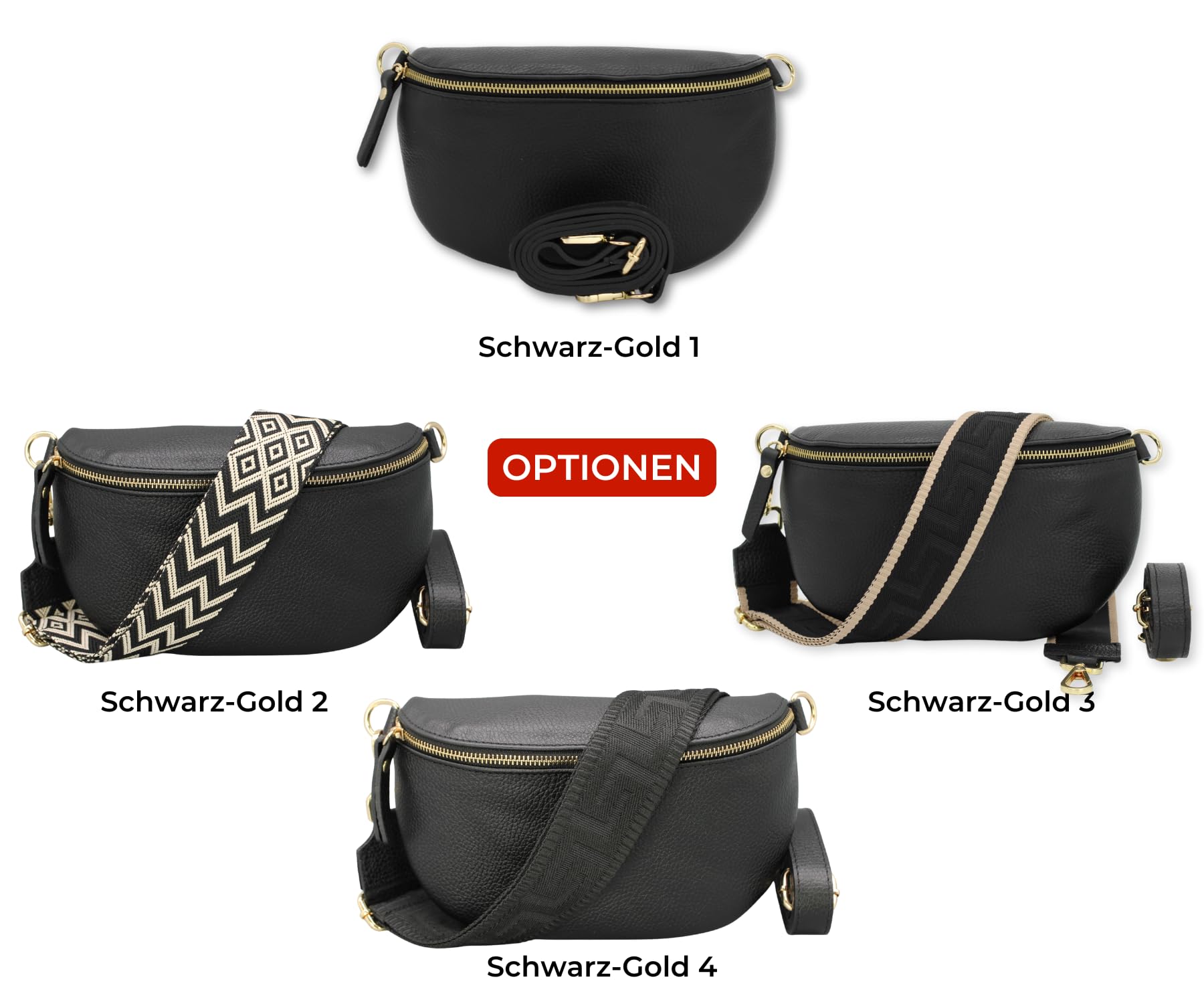 BRISE - Marsupio da donna SAHEL, realizzato a mano, in vera pelle, con cintura in pelle+cinghie larghe a fantasia, elegante marsupio, made in Italy, Nero , Gold Zipper-3, Contemporaneo
