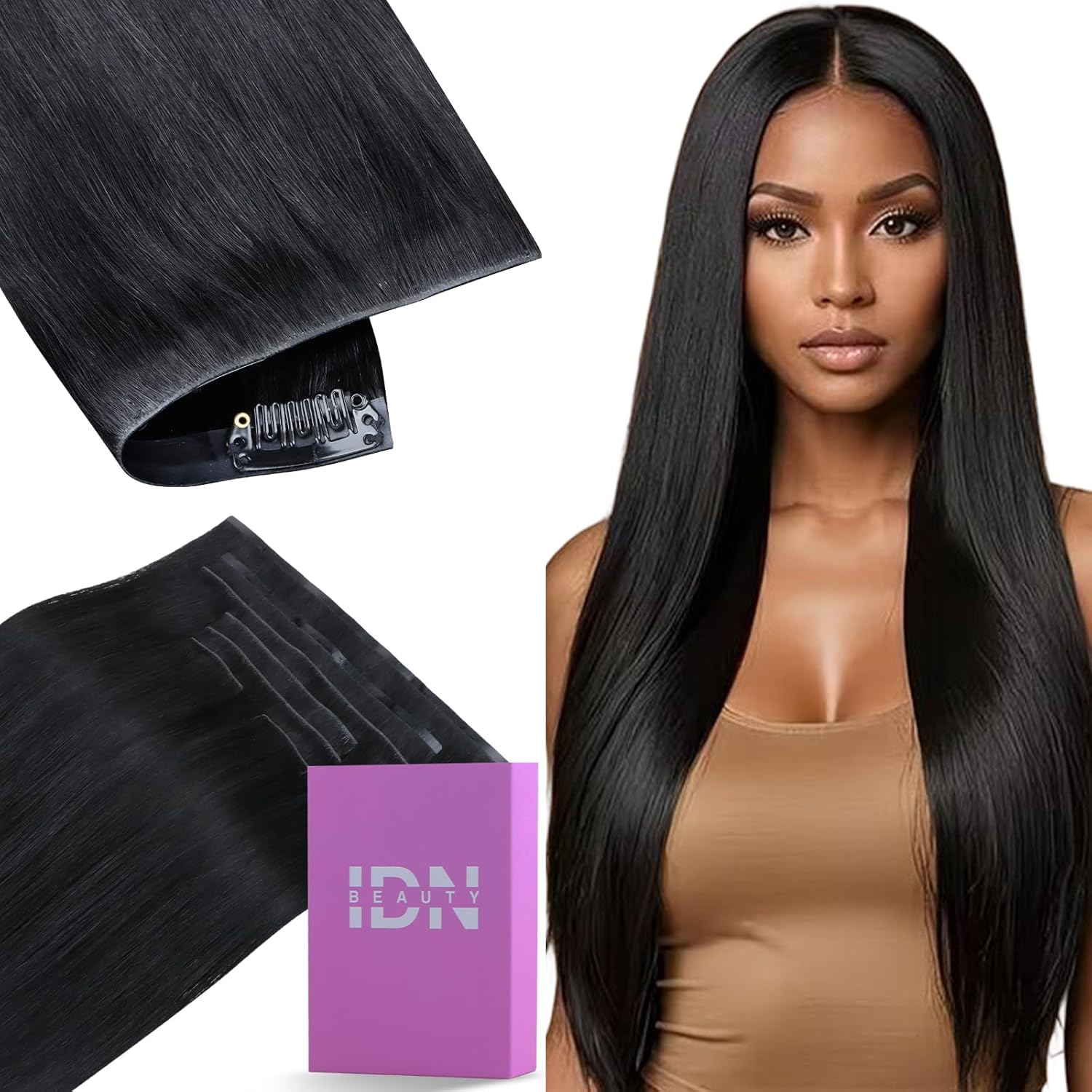 IDN BEAUTY 5+2 Invisi Edge Seamless Clip in Hair Extensions Human Hair Combo Pack, Straight 24 Inch 110g 5pcs Invisible Edge and 2pcs Seamless Clip ins for Black Women Natural Black No Leave Out