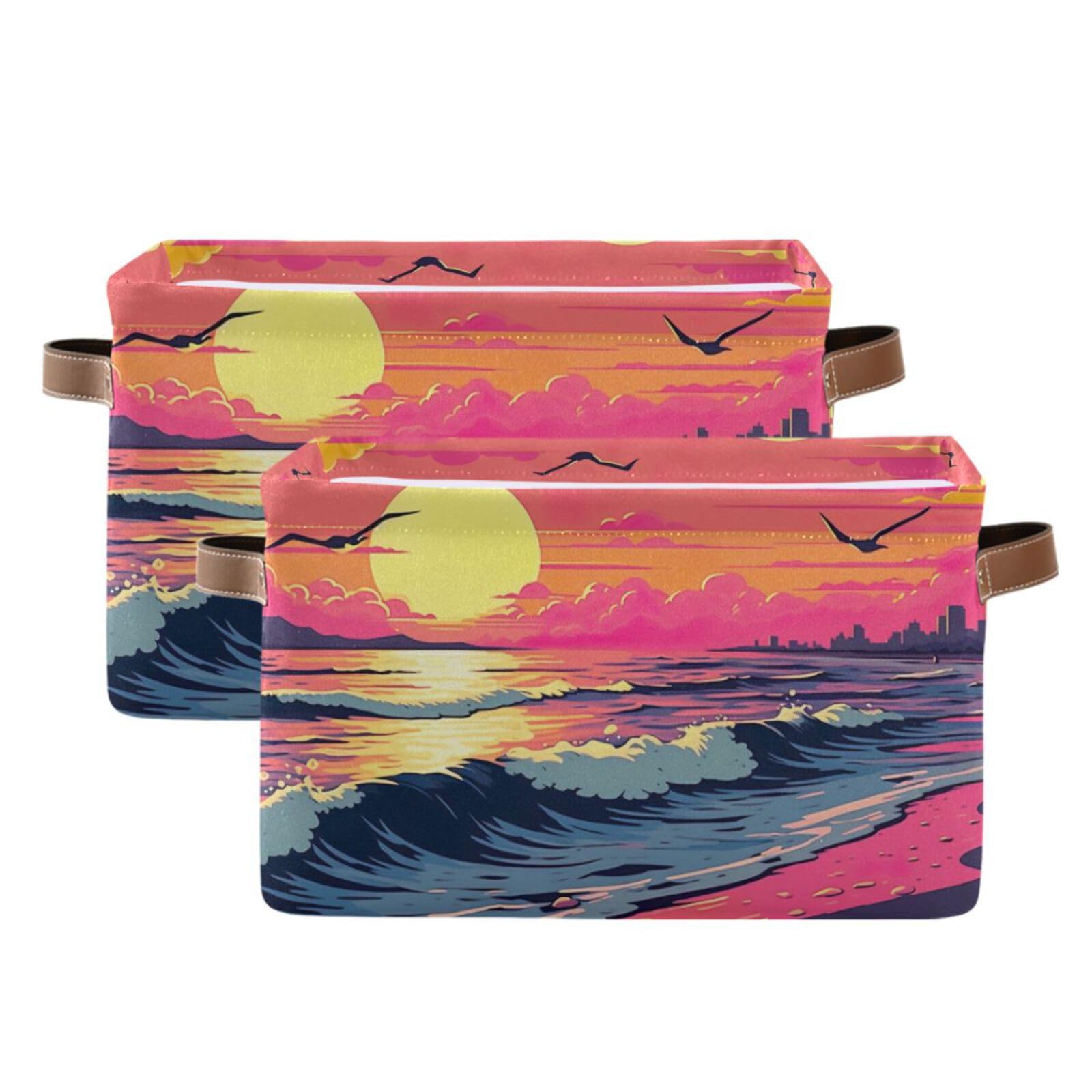 PaChyLuu Sunset Beach Seagulls Storage Basket Bin Canvas Fabric Organizer Toys Basket with Handles for Home Office Nursery, Clothes, Gifts, 2 Pcs