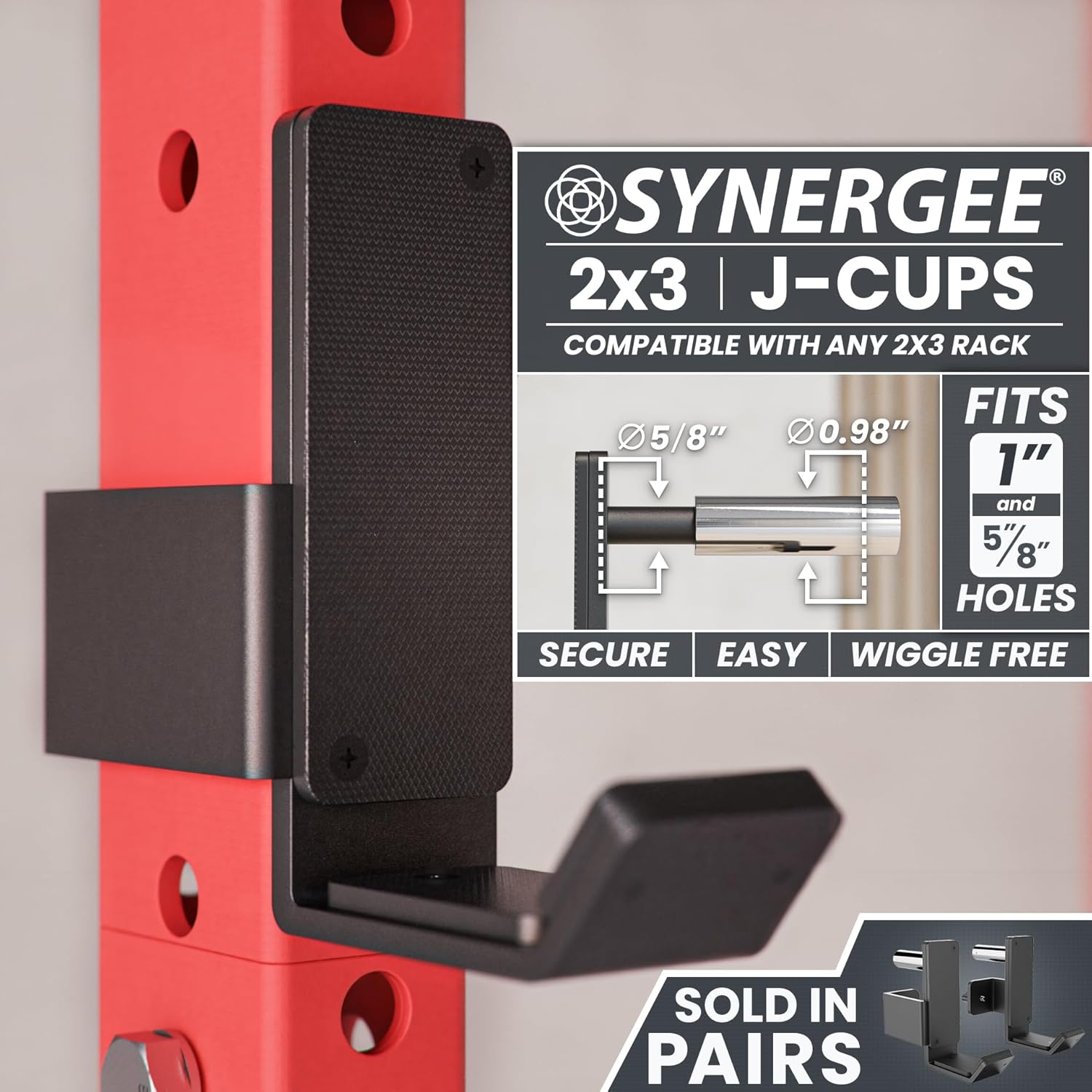 Synergee J-Hooks for Power and Squat Racks. J-Cups Available in 2x2, 2x3 and 3x3. J-Hooks for Power Lifting, Squats and Presses. Sold in Pairs.