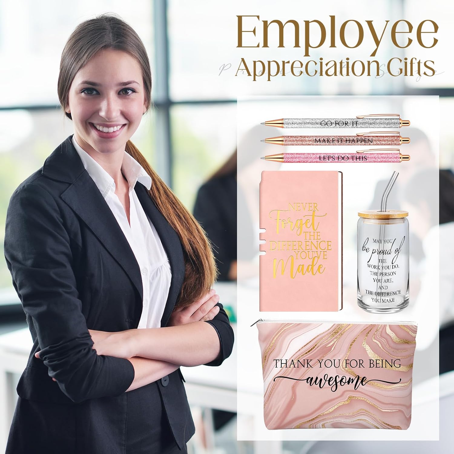 6 Pcs Valentines Employee Appreciation Gifts Set for Women Coworkers Thank You Gifts, Difference Maker 17 oz Glass Cup Inspirational Makeup Bag Journal for Teacher Nurse(Marble,Pink) - Image 6