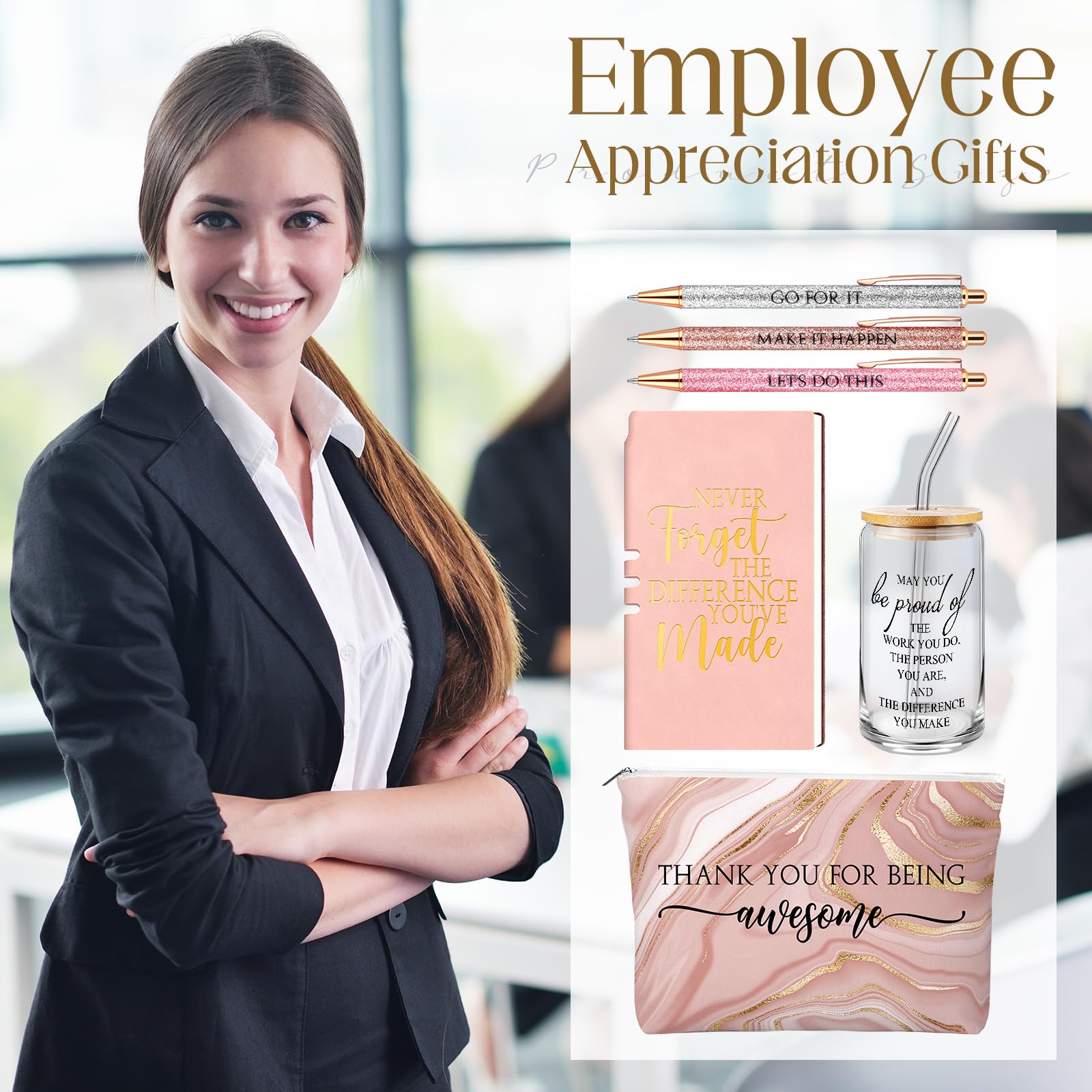 Funnymoom 6 Pcs CNA Week Gifts Bulk 2026 Nursing Assistant Appreciation Gifts for Women Difference Maker 17oz Glass Cup Makeup Bag Journal for Employee Coworker Graduation Favors(Marble,Pink)