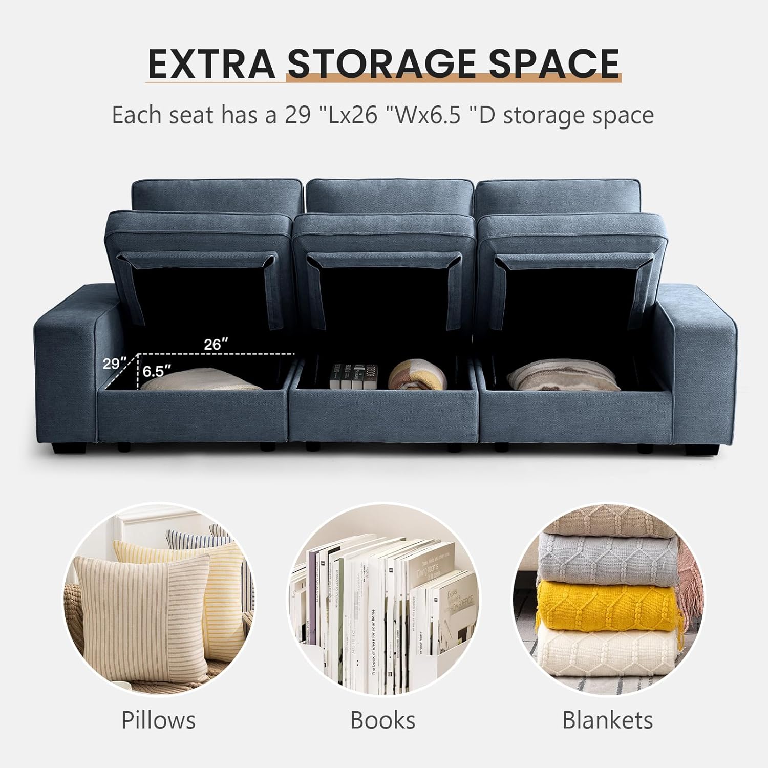 100.5" Modular Sectional Sofa with Seat Storage,Modern Chenille Couch 3 Seater Sofas for Living Room,Extra Wide Armrest,Side Pockets,Washable Cover,Solid Wood Frame,USB & Type-c(Blue)