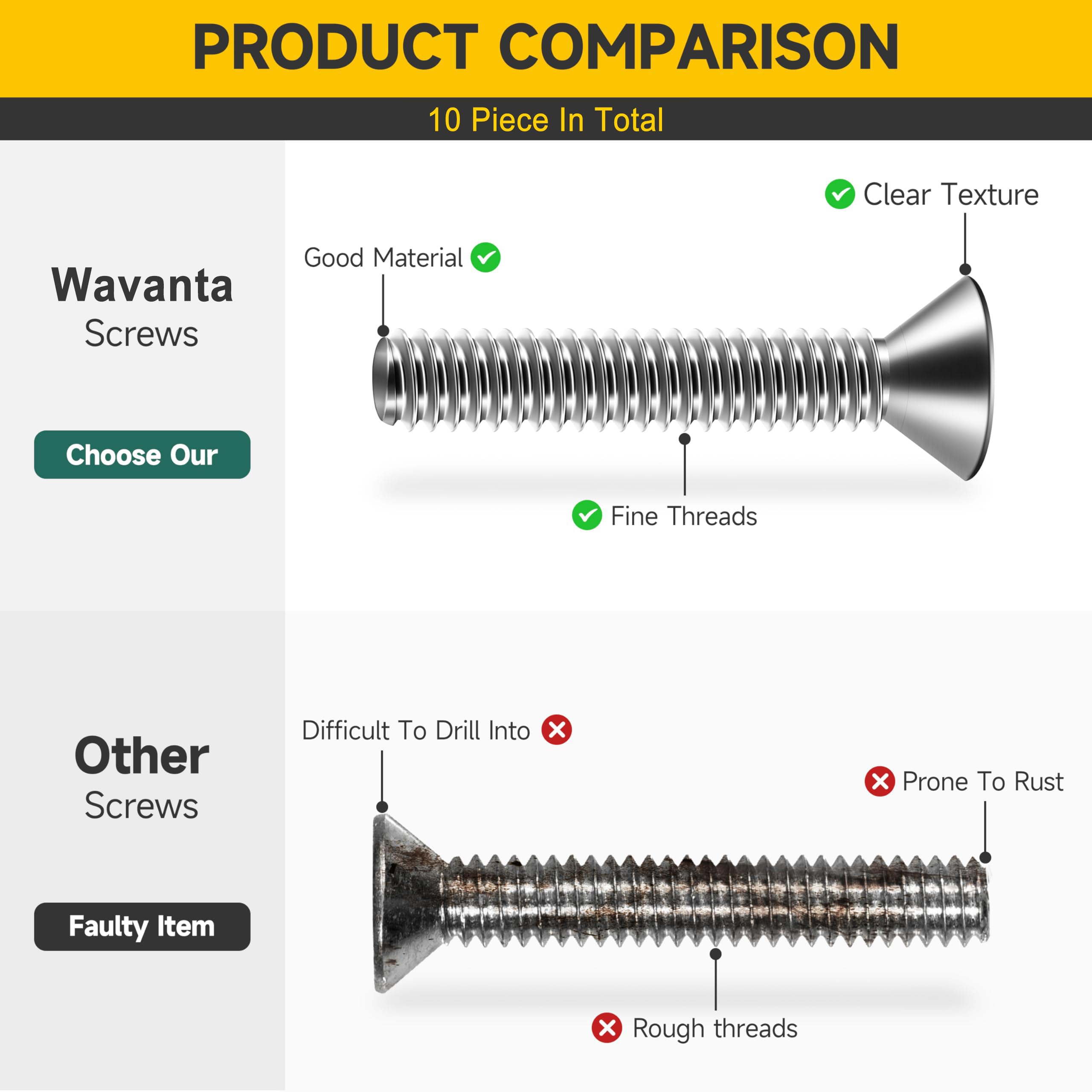 Wavanta 10Pcs M6 Bolts, M6 X 50mm Countersunk Bolts Screws, Flat Head Socket Cap Screws, 304 Stainless Steel, Full Thread - Image 4