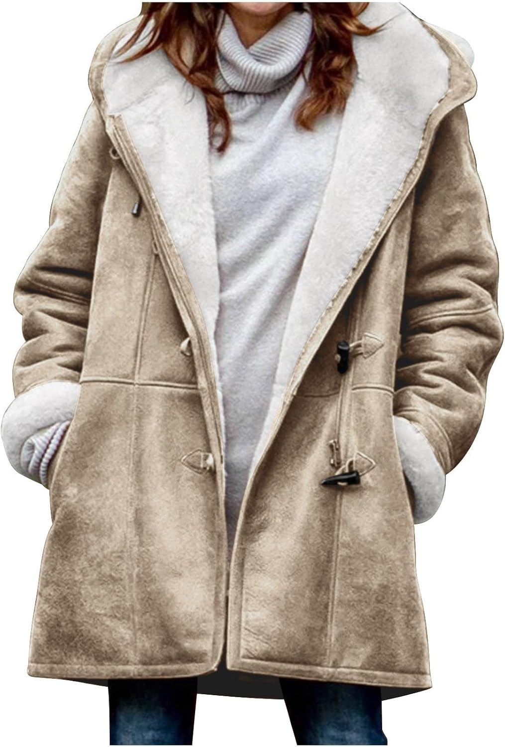 Womens Sherpa Fleece Lined Winter Jacket with Horn Buttons Hooded Duffle Jacket Warm Winter Coats Overcoat Outerwear