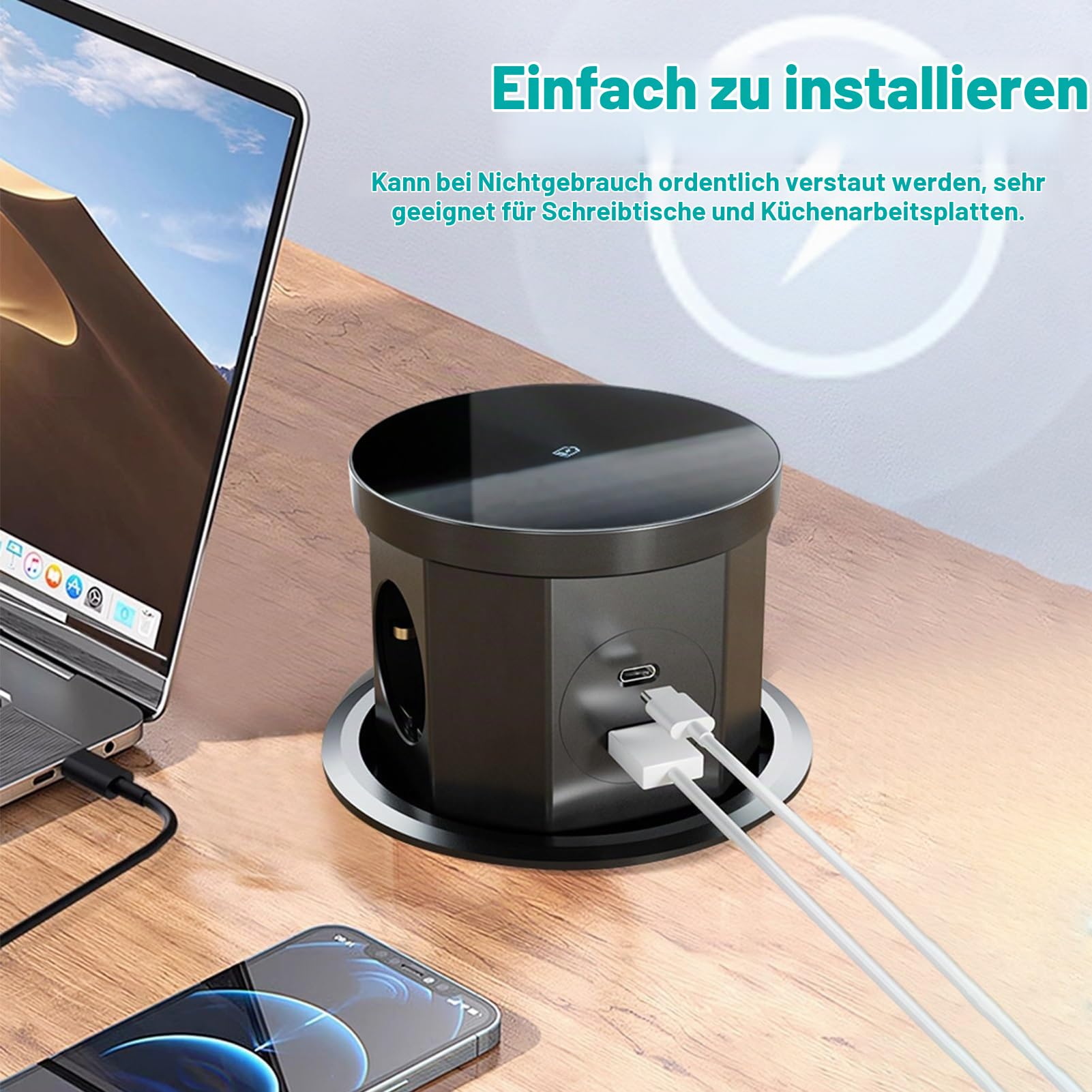 DEWIN Versenkbare Steckdose, Tischsteckdose 3 Fach Steckdosenleiste mit USB C, Kabellosem Ladegerät 15W und 1,5m Kabel Schwarz