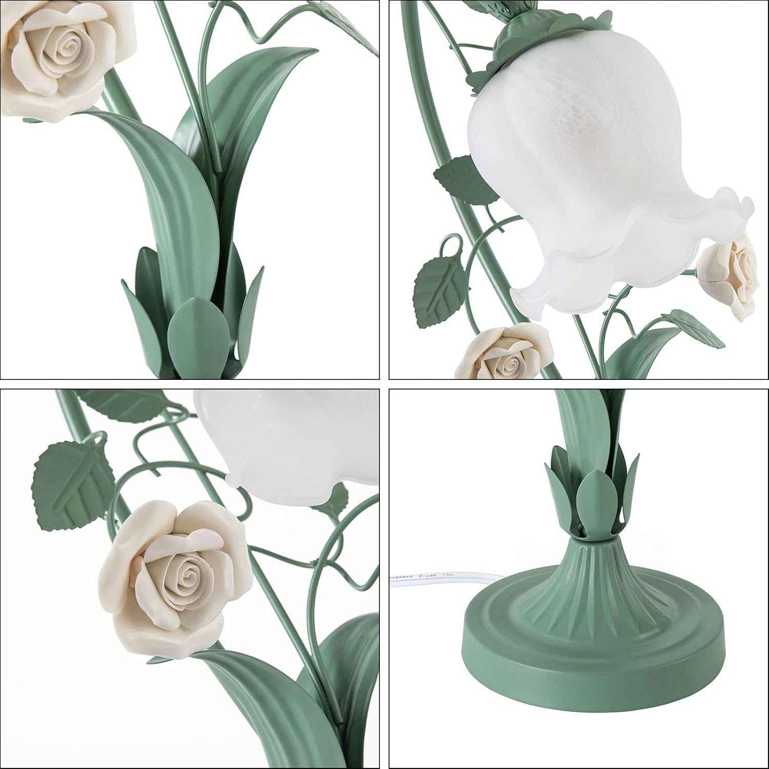Rose Flower Glass Table Lamp, 17" Tall Bedside Lamp Stained Glass Lampshade Flower Desk Reading Lamps, Nightstand Ceramics Floral Desk Light E26 Bulb for Bedroom Living Room Dresser (Green, White)