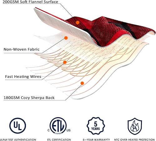 Miniatura 5 de HomeMate Manta eléctrica térmica tamaño matrimonial – 72 x 84 pulgadas, manta térmica de franela ultra suave y acogedora con 10 niveles de calor