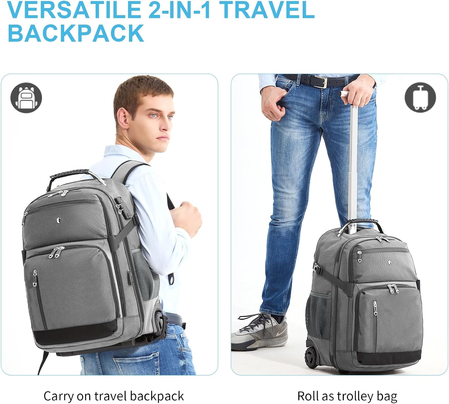 Backpack with wheels,rolling backpack with 2 Packing Cubes,compression bags for travel,Water-Resistant Carry-On Luggage,Business and Commuting (Grey) image 2