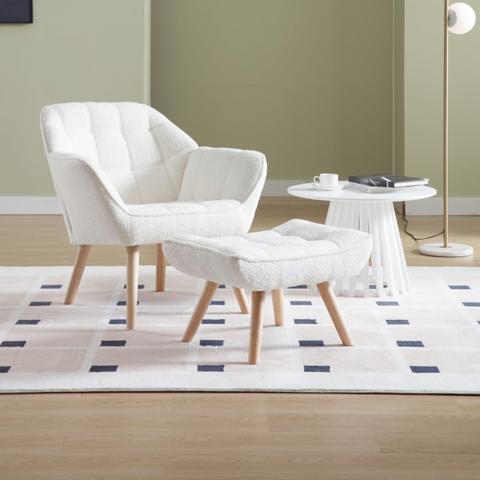 QUINJAY Modern Sherpa Accent Chair with Ottoman, Fluffy Upholstered Lounge Chair with Footrest, Comfy Living Room Side Boucle Armchair for Small Space