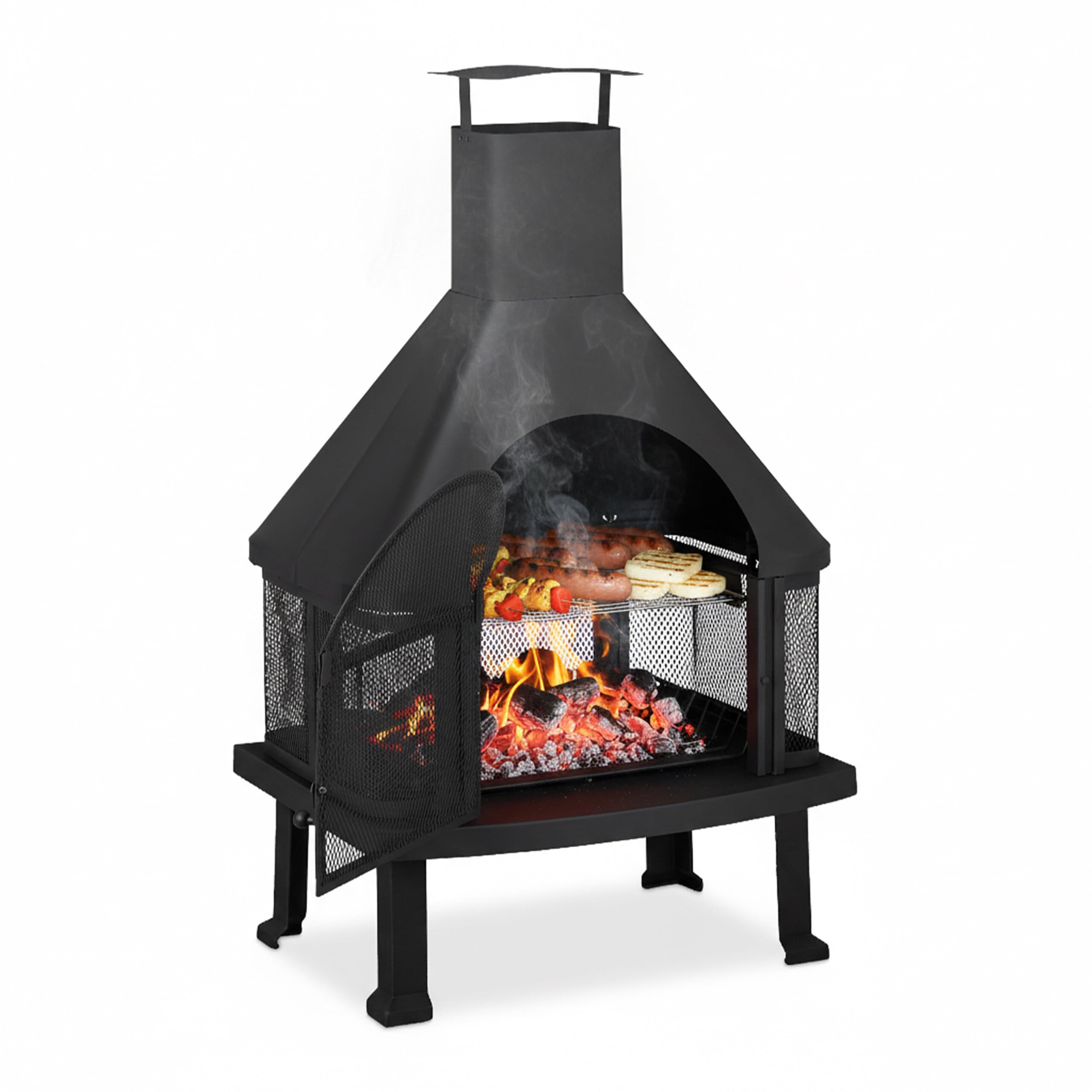 Relaxdays, noir cheminée de terrasse avec grill, Protection contre étincelle, tisonnier, massif, acier, 110 x 63 x 51 cm