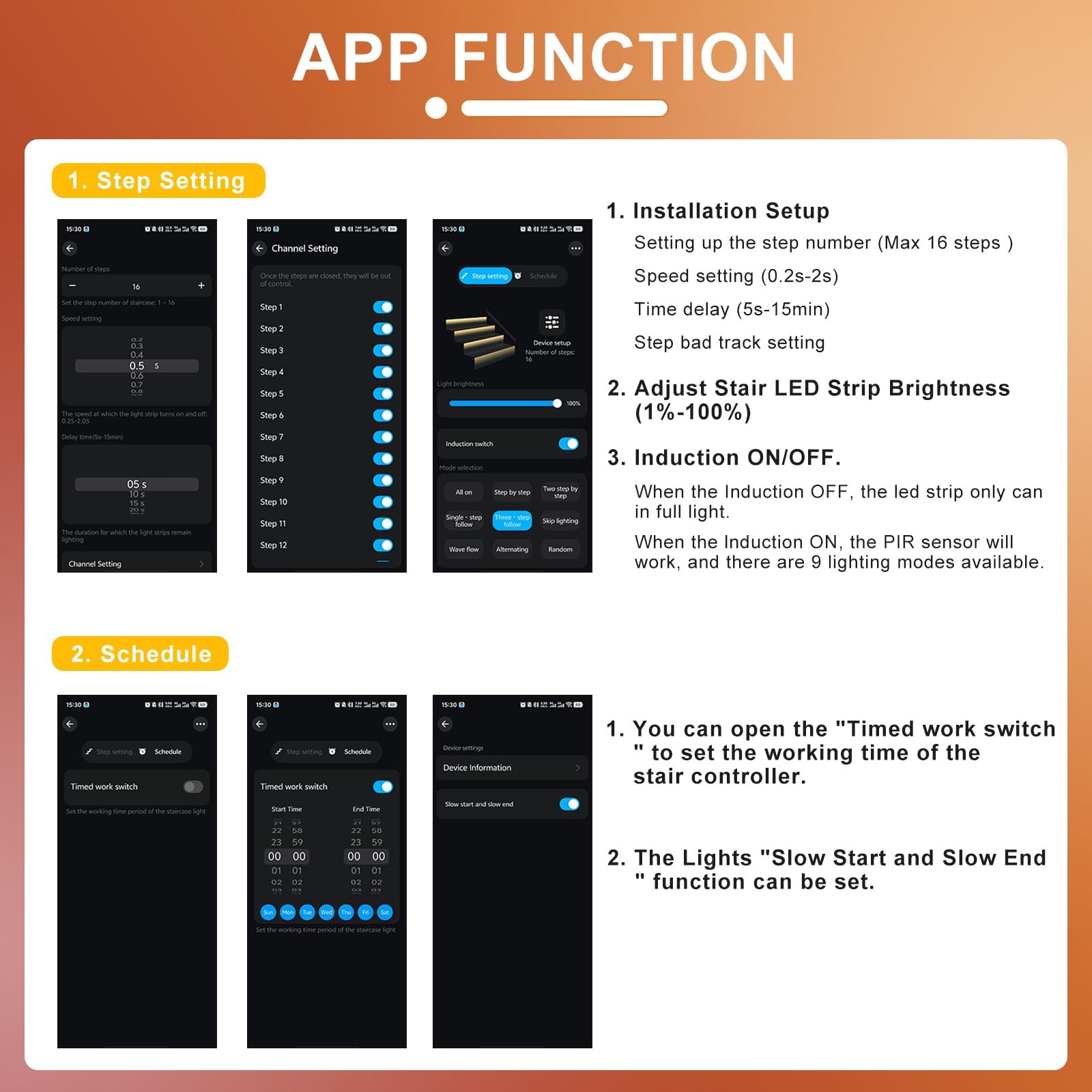 Illuminazione LED per scale, 10 livelli, bianco caldo, 3000 K, Smart Stair Light con app, telecomando RF e sensore di movimento PIR, set di strisce LED COB per interni