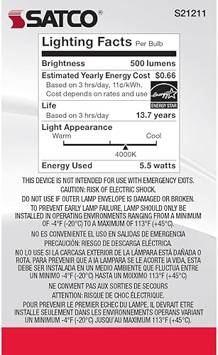 Miniatura 6 de Satco Bombilla LED E12 de 5.5 W, 4000 K, clasificación de 15000 horas, regulable, transparente, cantidad de caja (24)