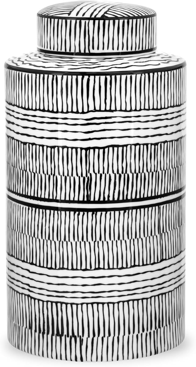 Black and White Vase Decorative Ginger Jar with Lid - 11.5" Tall Ceramic Vase & Decorative Storage (Takara)