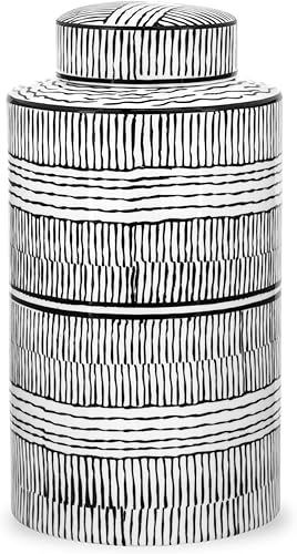 Torre & Tagus Jarrón decorativo de jengibre blanco y negro con tapa, jarrón de cerámica de 11.5 pulgadas de alto y almacenamiento decorativo (Takara)