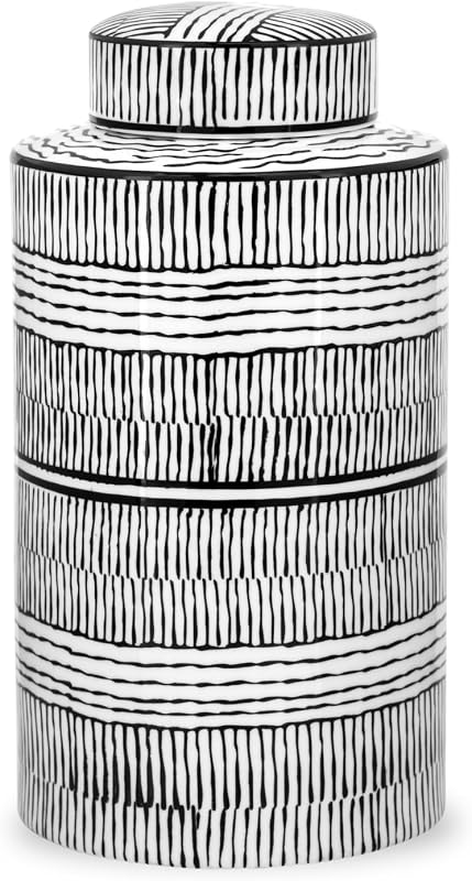 Black and White Vase Decorative Ginger Jar with Lid - 11.5" Tall Ceramic Vase & Decorative Storage (Takara)