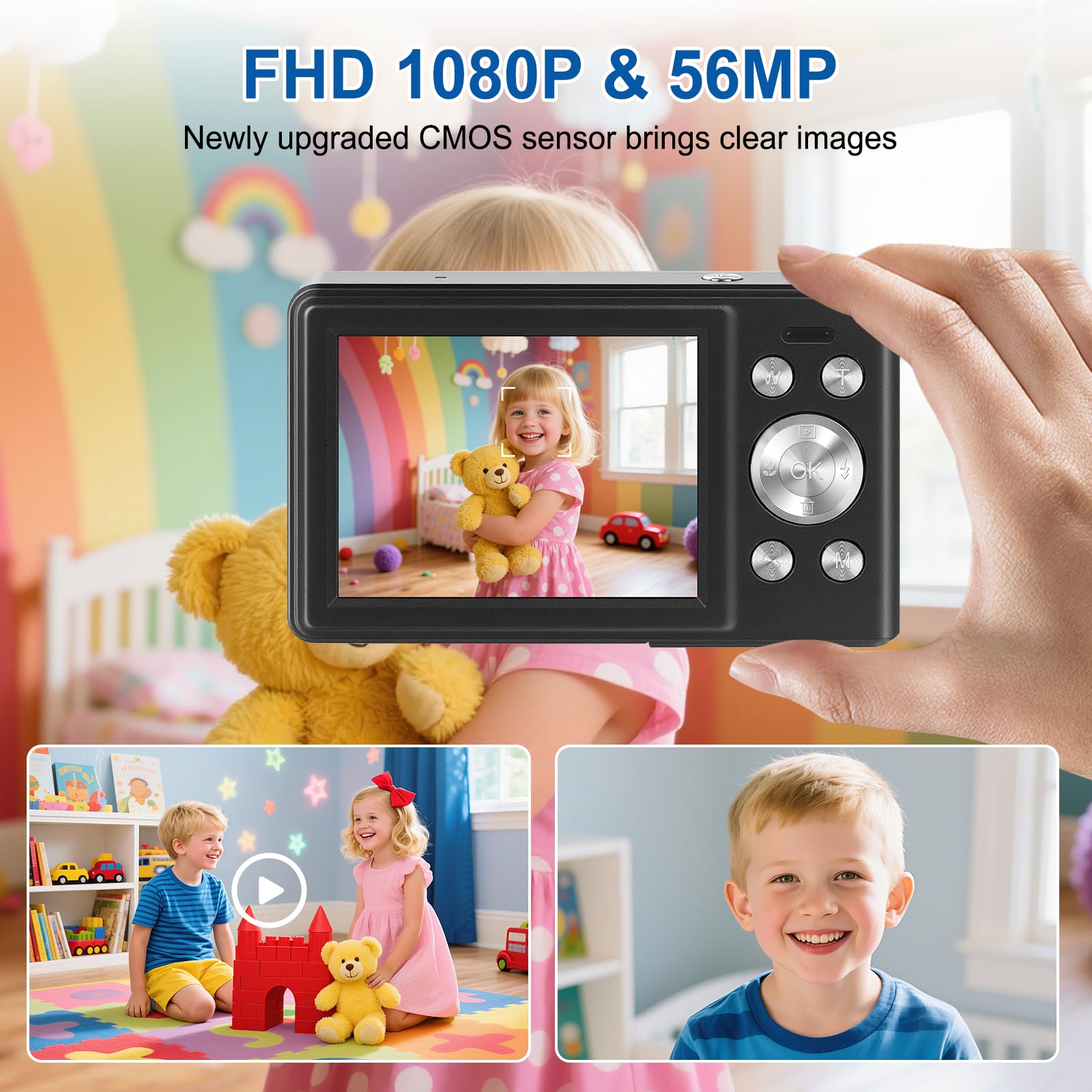 Cámara Digital 56MP 1080P FHD con Autofoco, Zoom Digital 16X, Pantalla LCD 2.8", Tarjeta SD 32GB y 2 Baterías - Cámara Compacta Portátil para Niños, y Principiantes (Negro-1.)