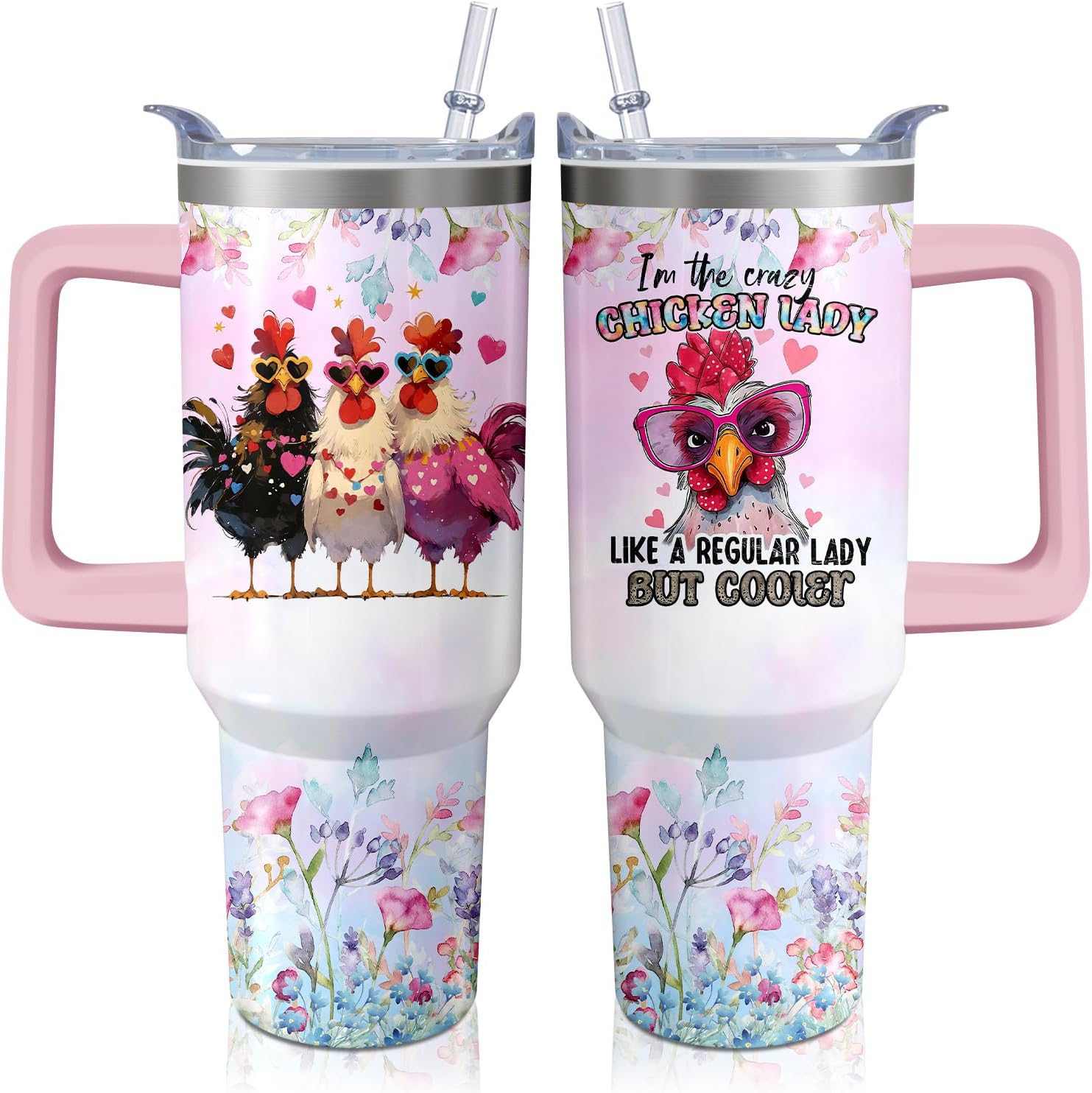 40oz Chicken Stainless Steel Tumbler with Handle and Straw, Hen Insulated Cup Travel Coffee Mug Water Bottle with Lid and Straw, Animal Lovers Women Gifts