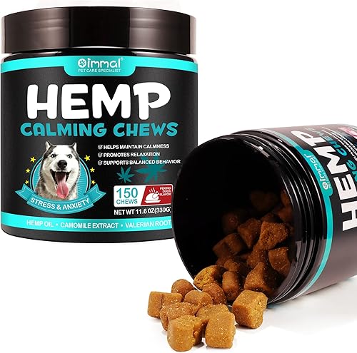 HUNELAER Golosinas calmantes para perros con aceite de cáñamo, extracto de manzanilla, raíz de valeriana, alivio de la ansiedad del perro, ayuda a