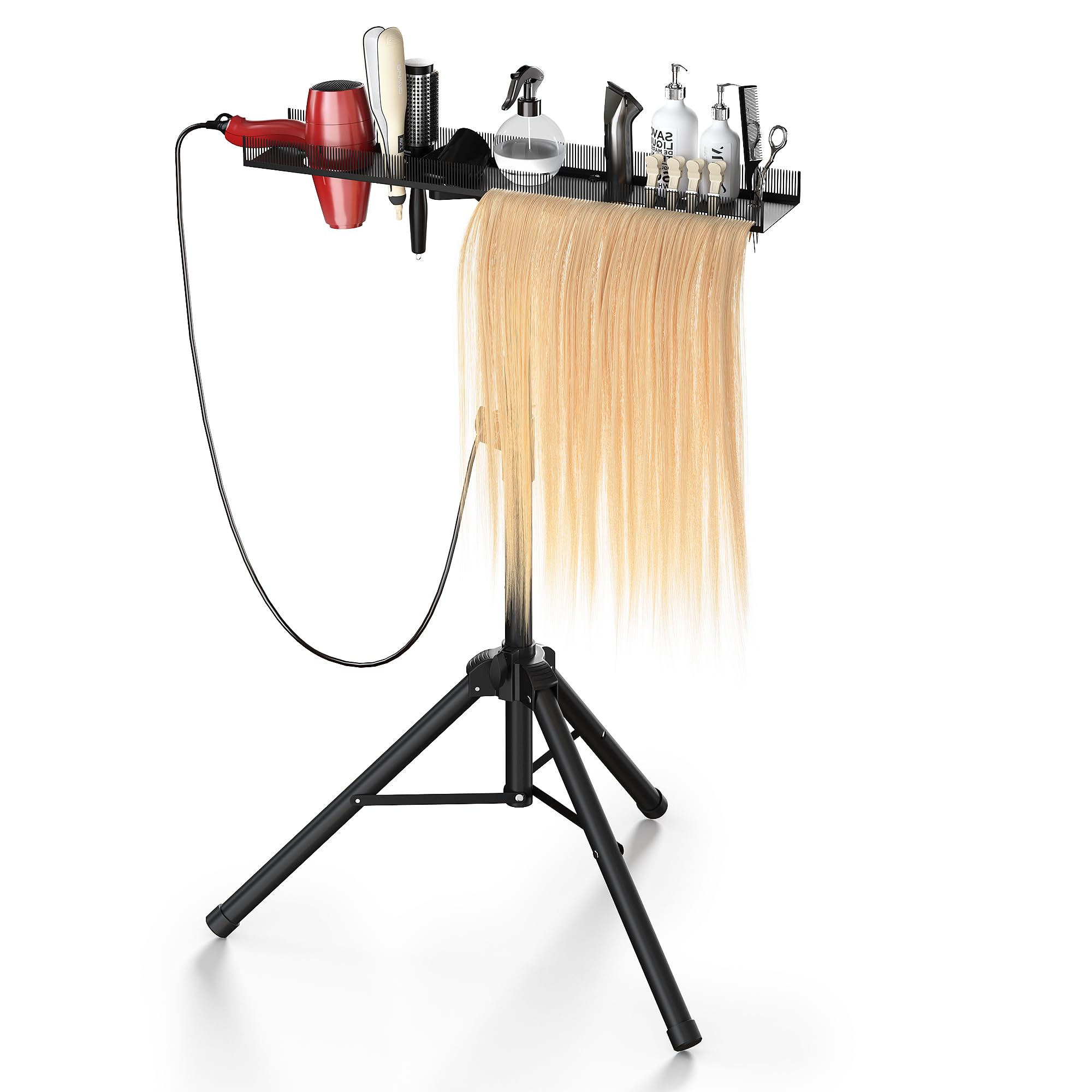 Tonchean Black Hair Extension Holder With Tray, Adjustable Height Salon Trolley Braiding Hair Rack, Metal Hairdressing Trolley On Wheels