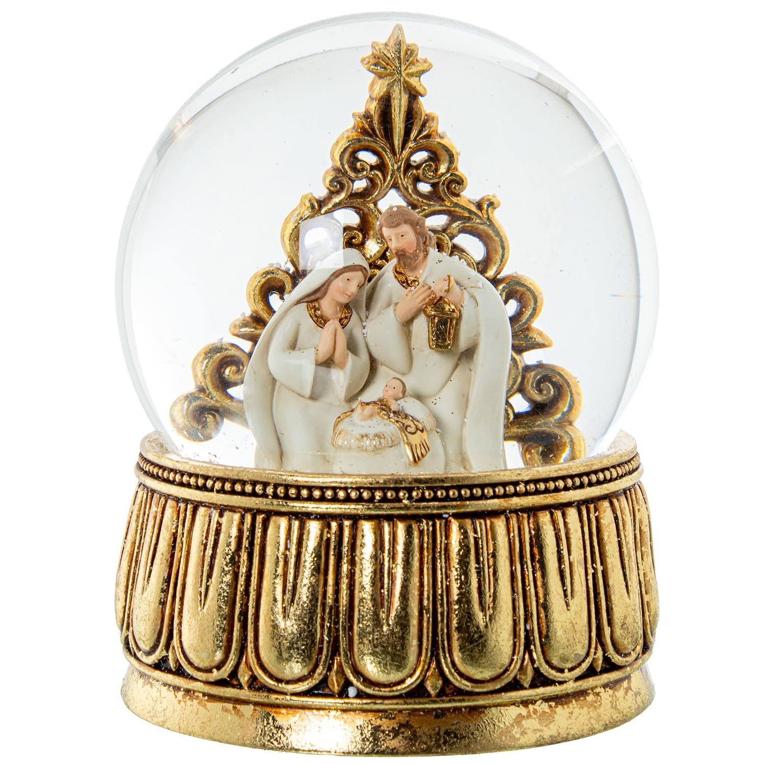 Boule à Neige avec Figurine Nativité Musicale en résine à Corde en Blanc et doré 15 x 15 x 20 cm