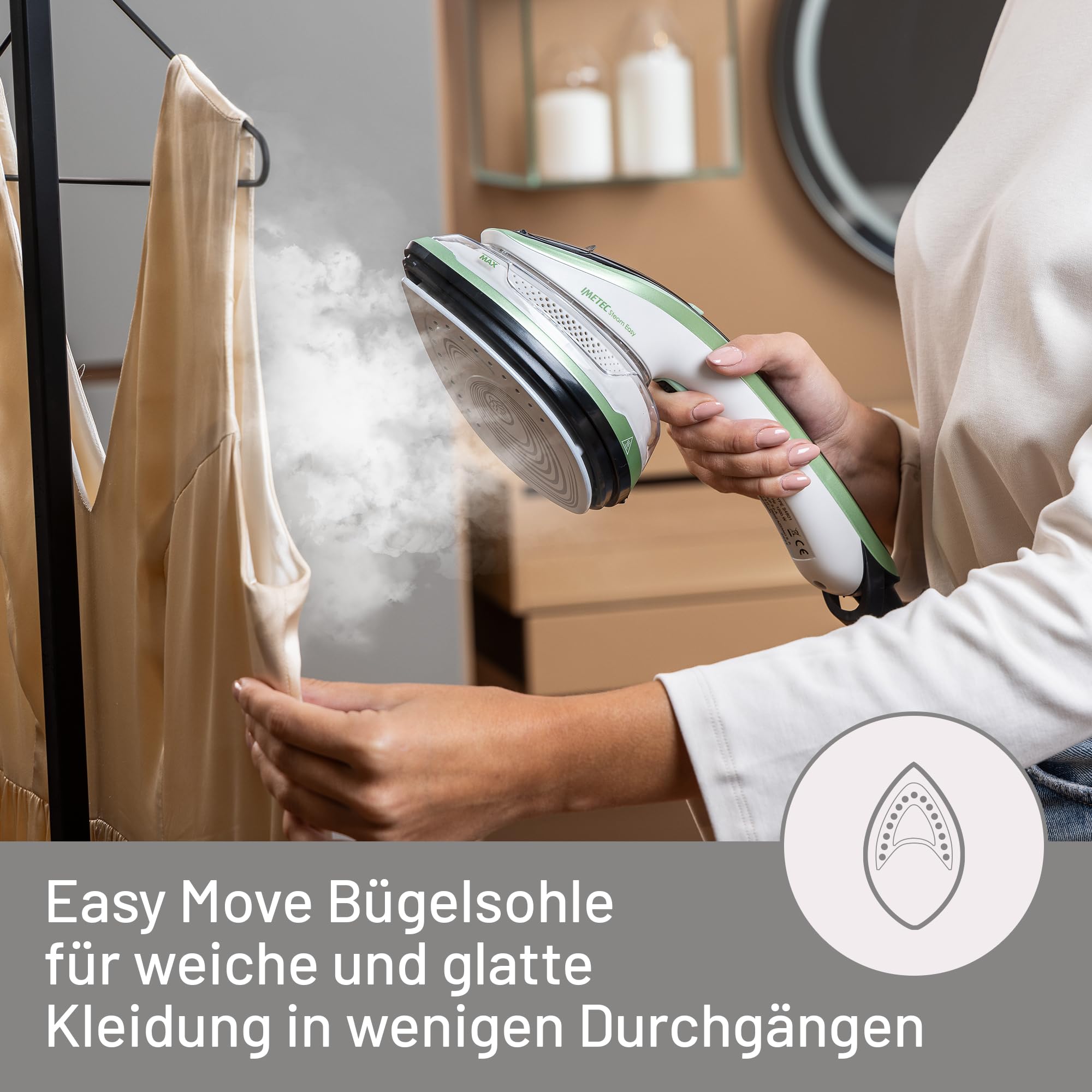 Imetec Steam Easy Dampfbügeleisen, tragbar, vertikales und horizontales Bügeln, Keramiksohle, dreifache Dampf- und Temperaturregelung, digitales Display, bereit in 30 Zoll, 1200 Watt