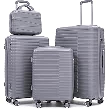 4 Piece Luggage Set with Spinner Wheels, PP Hardshell Suitcase with Combination Password Lock, Lightweight Travel Luggage for Carry On & Checked, 20/24/28 + 14" Cosmetic Case Light Gray
