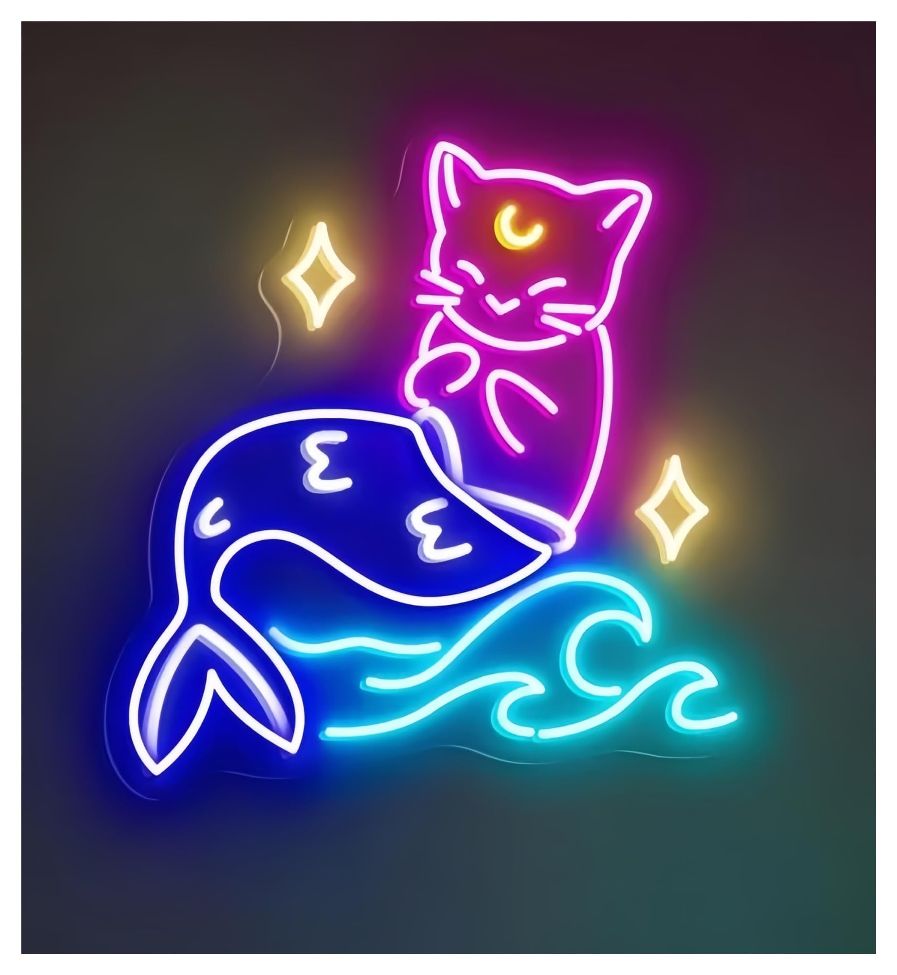 SHOUXI Sign Lamp Mermaid Neon Sign Cat Art Cute Fantasy Wall Decor Whimsical Ocean Themed Kids Room 40cm(C)
