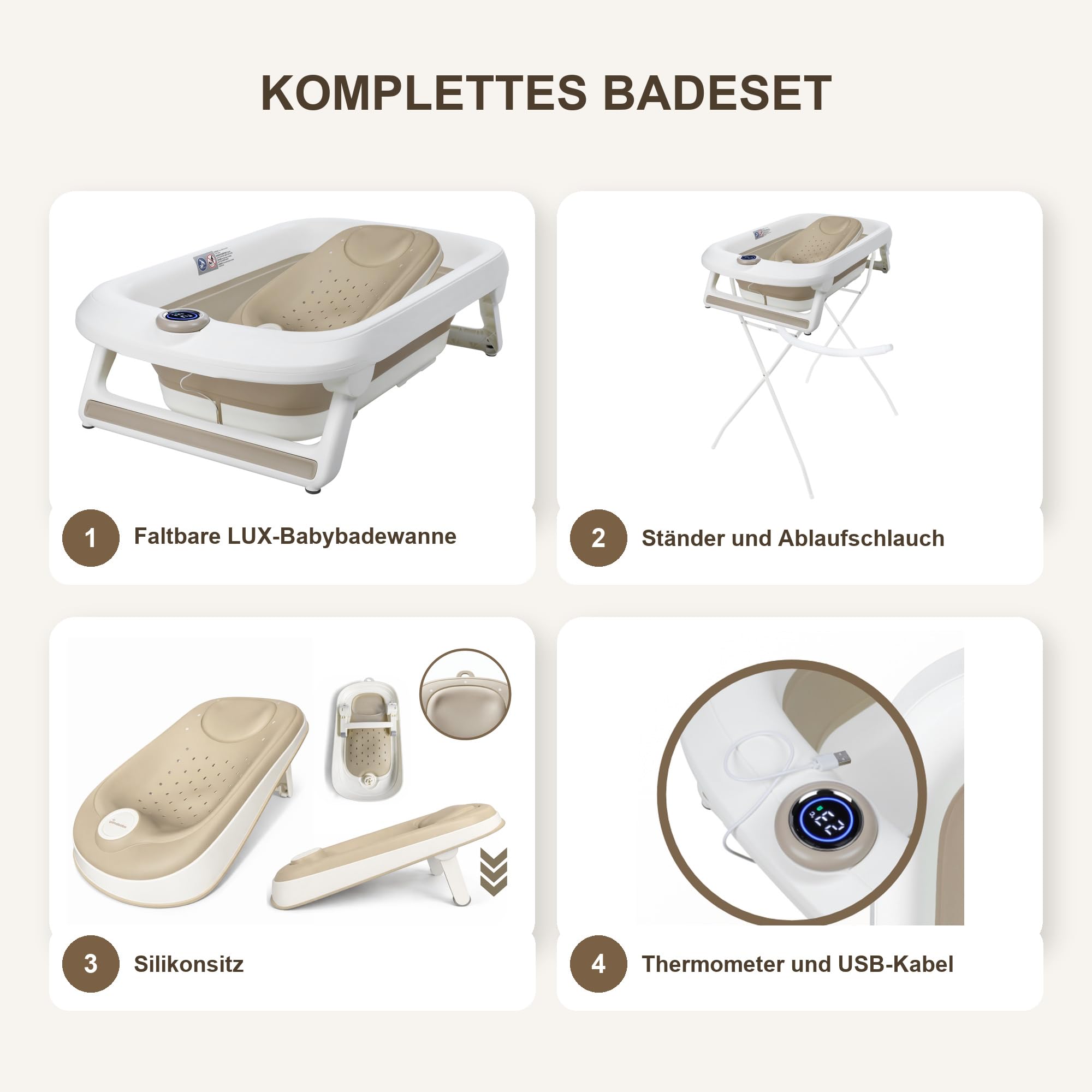 Primabobo LUX Bade-Set für Babys mit Faltbarer Babybadewanne, Elektronischem Thermometer, Badesitz und Gestell, Komplettes Babybad Set für Neugeborene, Beige