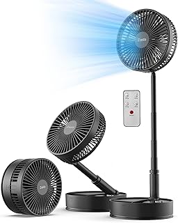 7200mAh Battery Powered Oscillating Fan, 8" Rechargeable Foldaway Fan, 12H Working Time, Height Adjustment, 4 Speeds, Remote Control, Portable Standing Fan for RV, Travel, Camping, Desk, Home, Outdoor