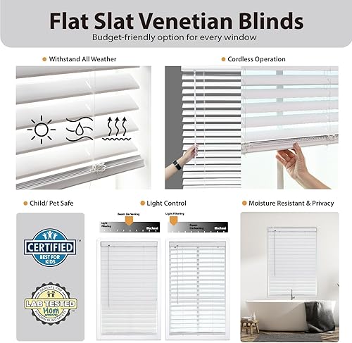 Miniatura 2 de DEZ FURNISHINGS Persiana veneciana de listones planos sin cordón de 2 pulgadas, 58.5 pulgadas de ancho x 48 pulgadas de alto, blanco