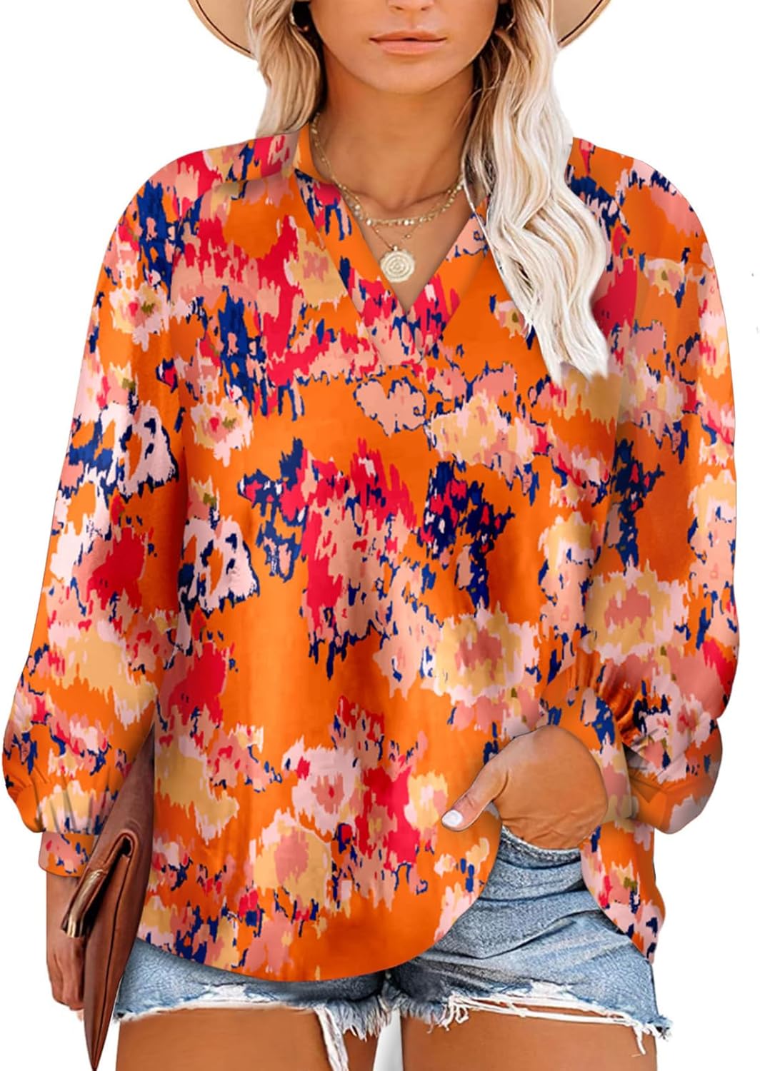 Eytino Women Plus Size Tops Boho Floral Printed Casual V Neck Long Sleeve Drawstring Blouses Shirts(1X-5X) 3X B5 Carrot