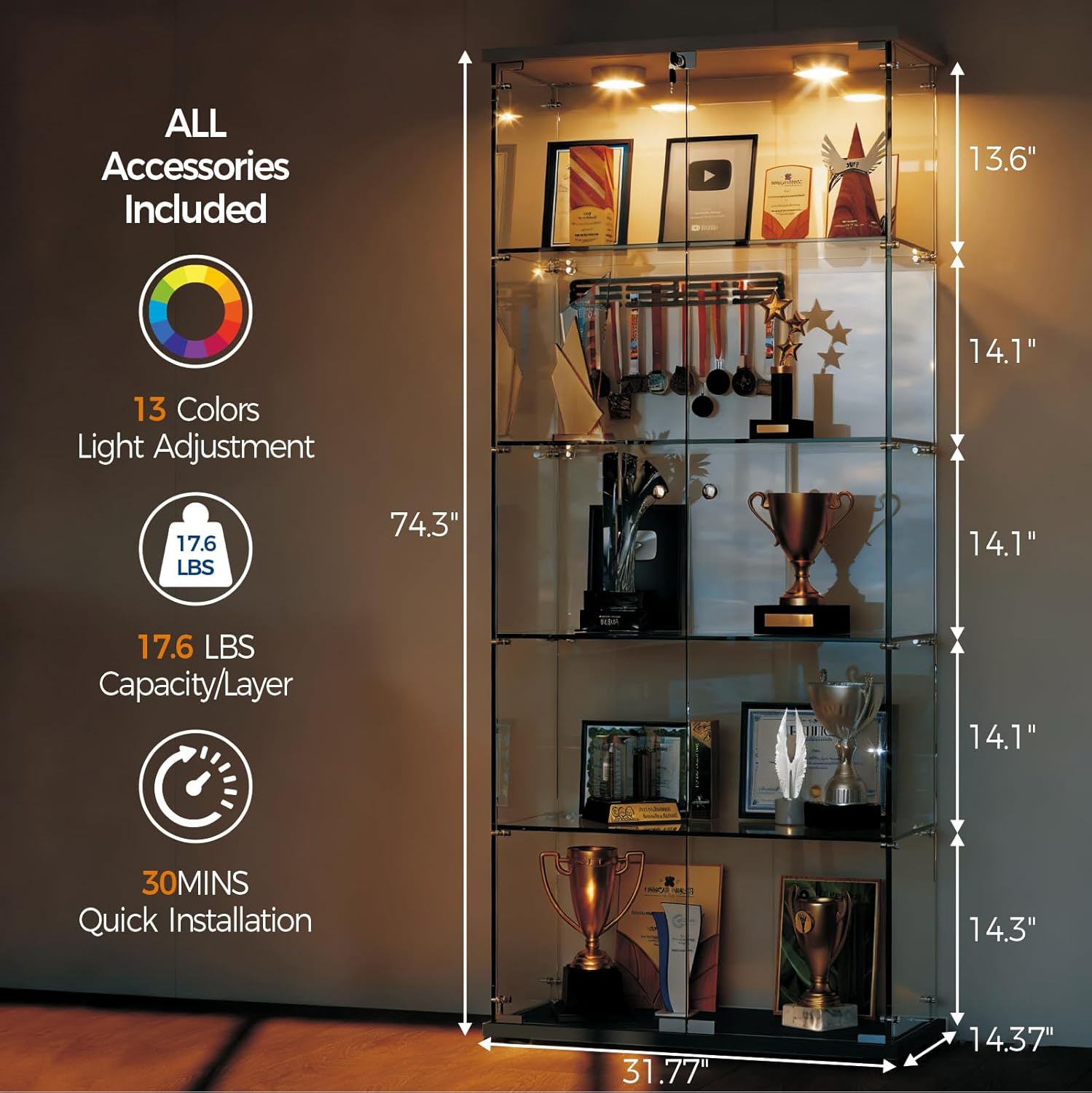 GarveeHome 5 Shelves Display Cabinet, Tempered Glass Curio Showcase with LED Light & Lock, Double Doors Storage Cabinet for Living Room Bedroom Office, Black