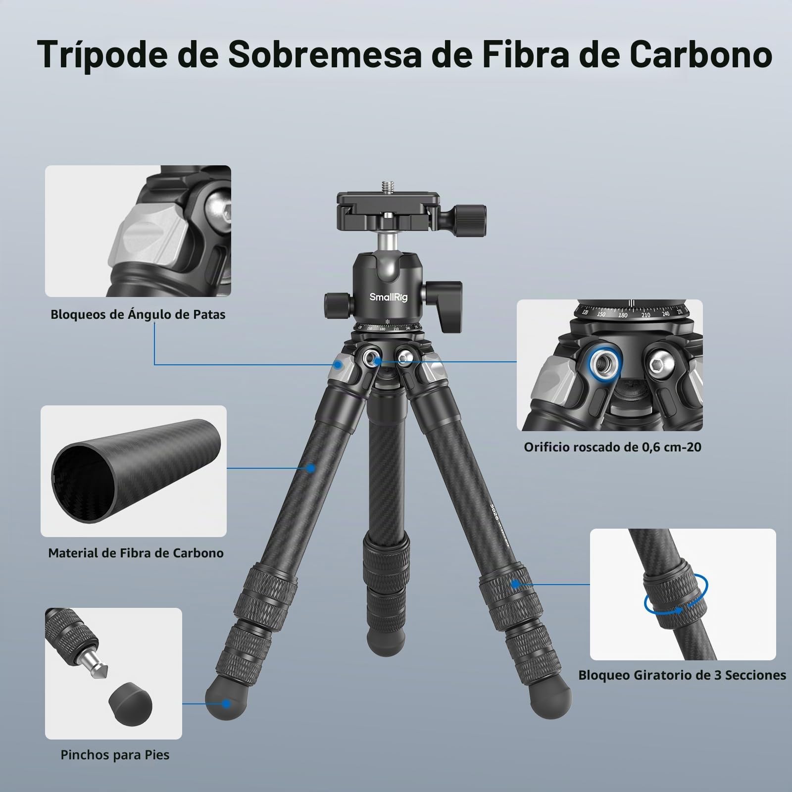 SMALLRIG Trípode de Escritorio Pequeño de Fibra de Carbono, Kit de Trípode de Bolsillo Compacto de 15,5''/39,5 cm con Cabezal Esférico de 360°, Placa QR Incorporada para Arca - 5026