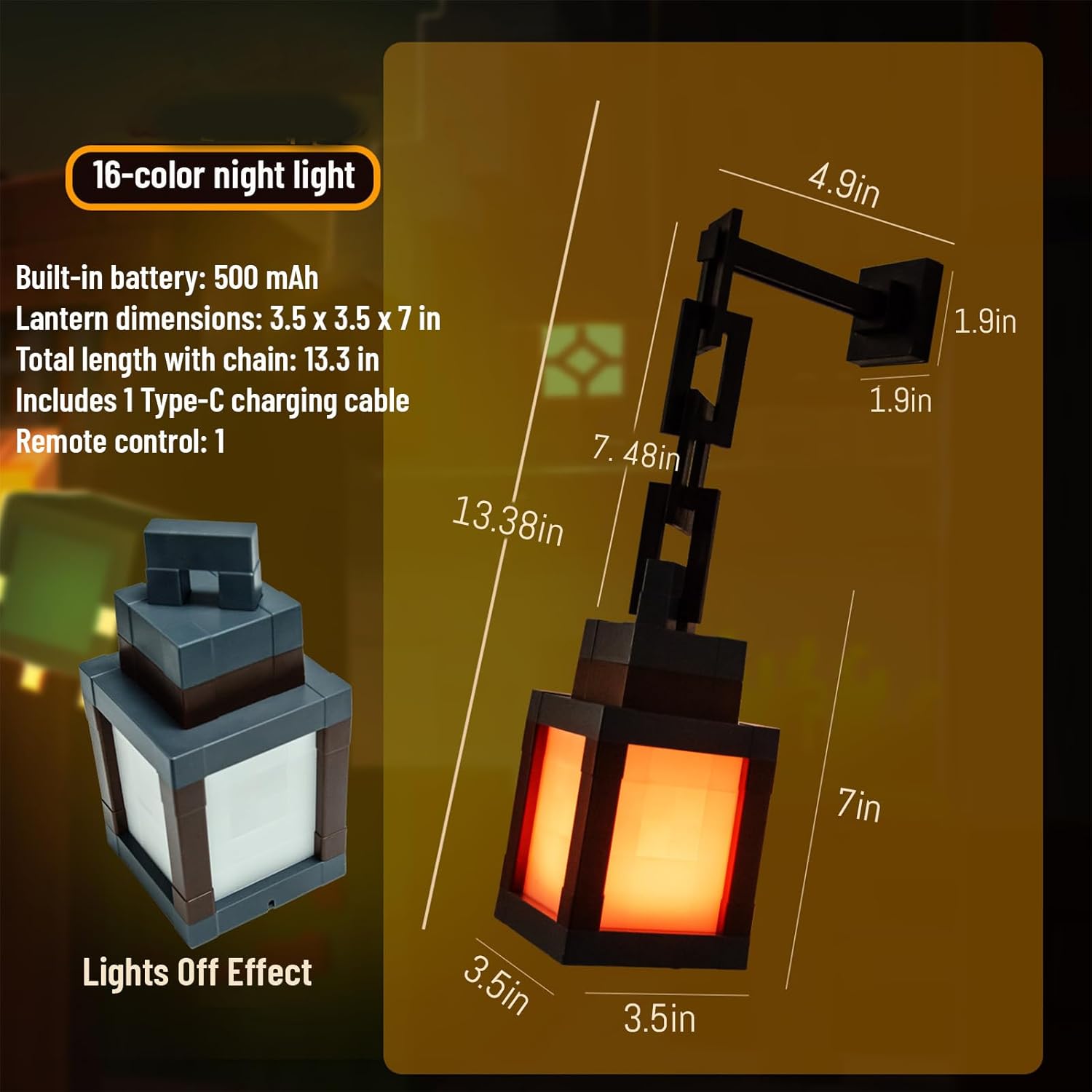 Pixelated Lantern Night Light, 16 Colors LED Mood Light, Pixel Wall Night Light, Rechargeable Mood Lighting Lamp with Remote & Touch Control, for Bedroom & Home Decoration (with Chain*2)