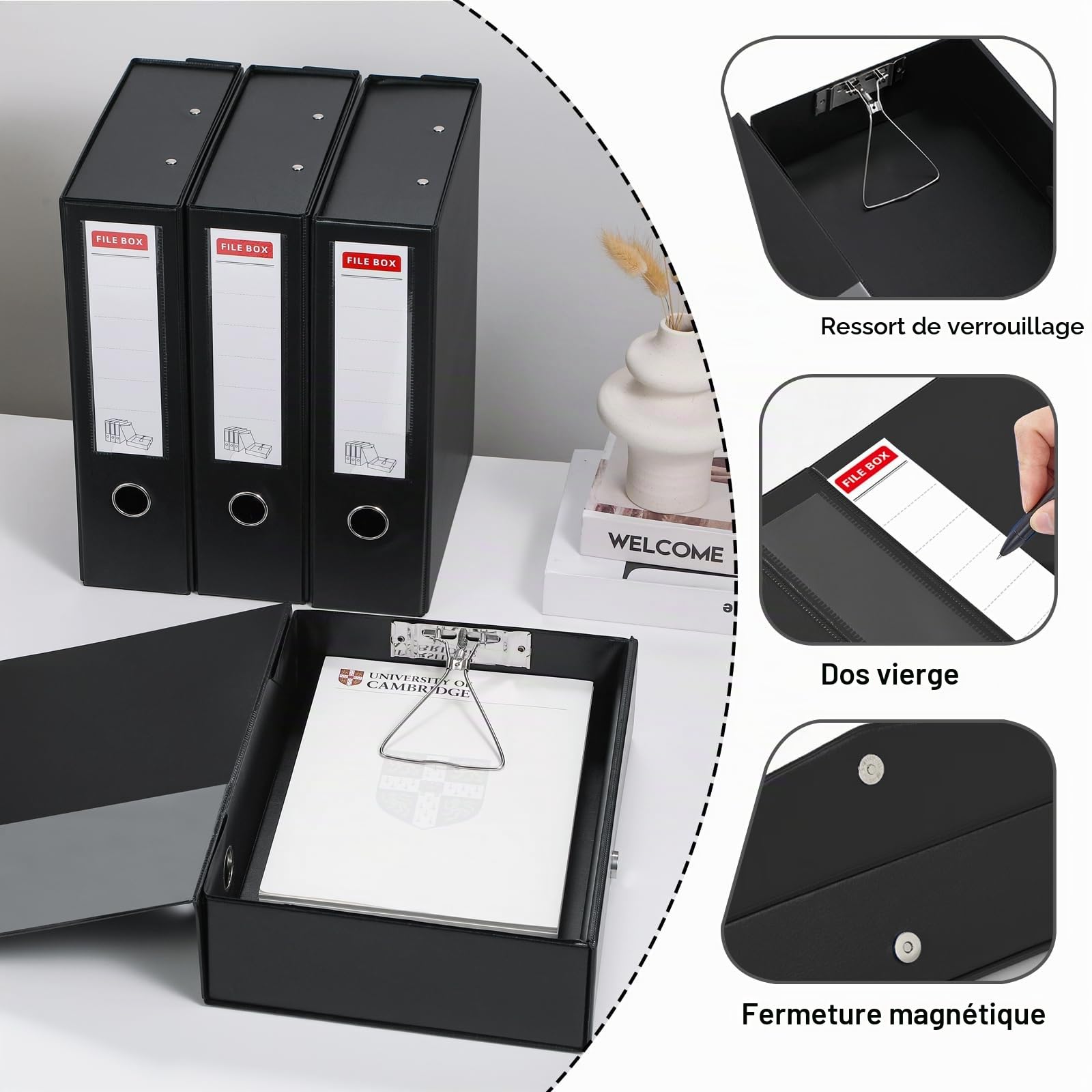 4PCS Boîtes de Classement A4, Dos de 88mm, pour Bureau école (Noir) | Boîte de Classement A4 en Plastique avec Couvercle, Boîte de Rangement