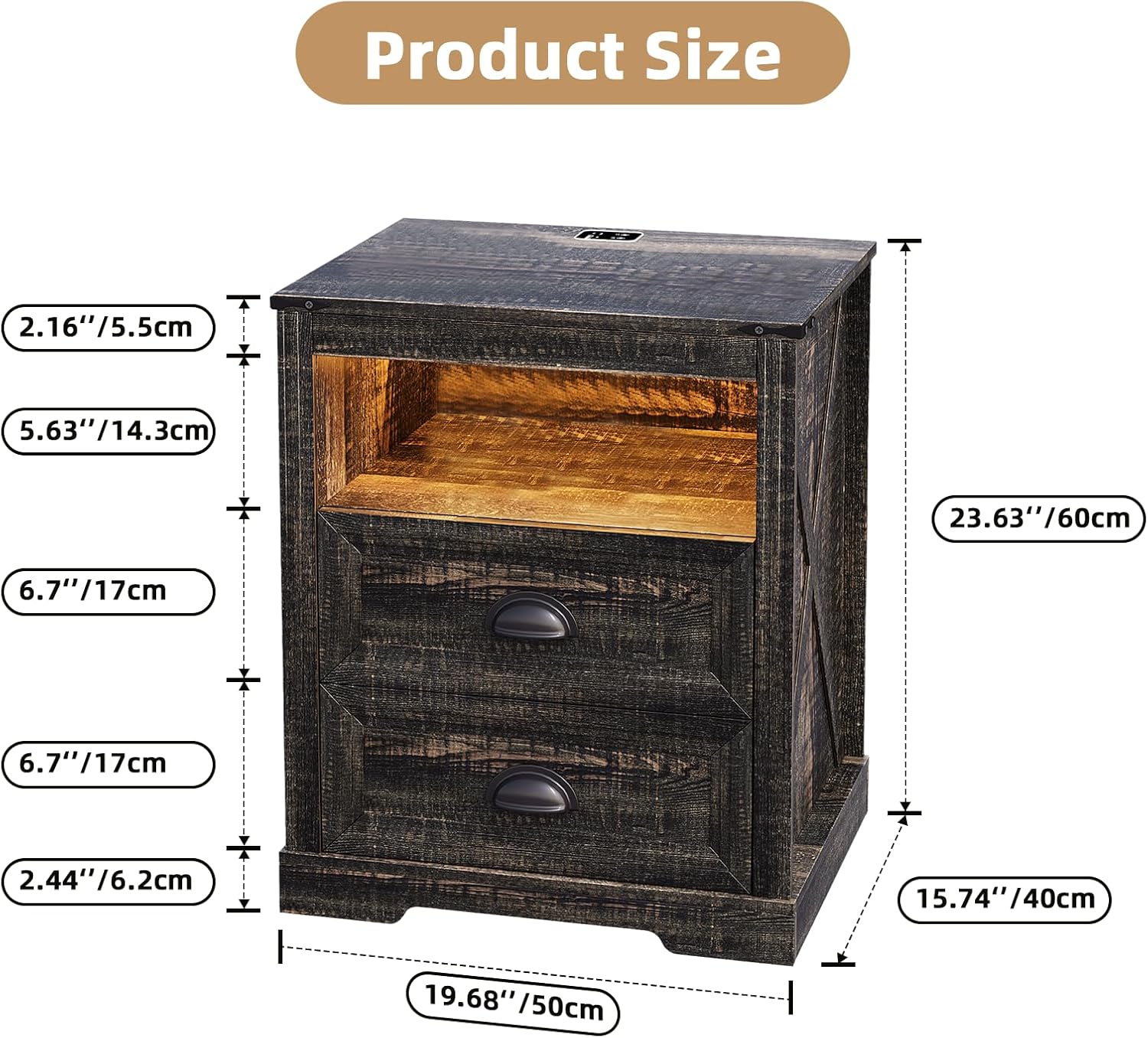 Nightstand,Farmhouse Night Stand with USB Charging Station,3-Color Dimmable Lighting & 2 Drawers Storage,19'' Bedside Cabinet with Open Shelf,Human Sensor & Black Metal Handles,Grass Grey