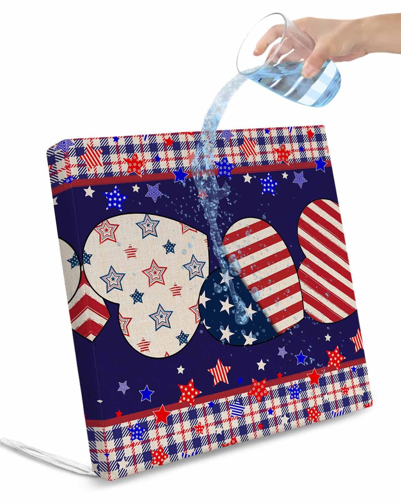 2 Pack Independence Day Waterproof Cushion Covers with Ties, Outdoor Patio Chaise Lounge Chair Seat Cushion Slip Covers Replacement(Only Cover) American Flag Star Blue Red Plaid 22