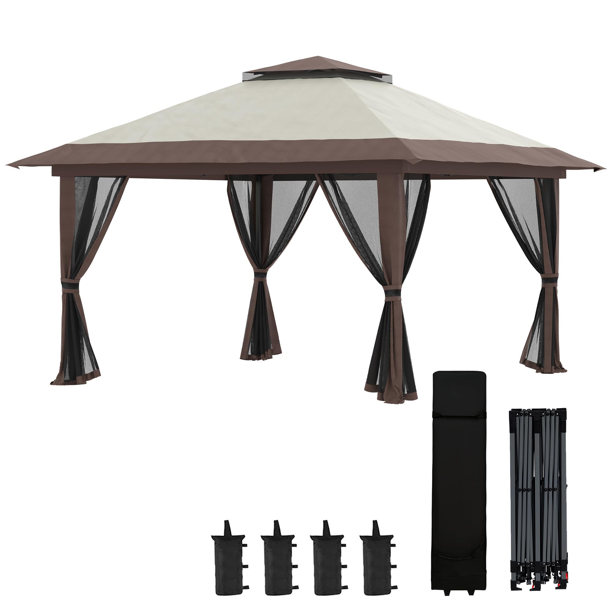 Outsunny Gazebo pieghevole pop-up, 4 x 4 x 2,8 m, altezza regolabile, beige