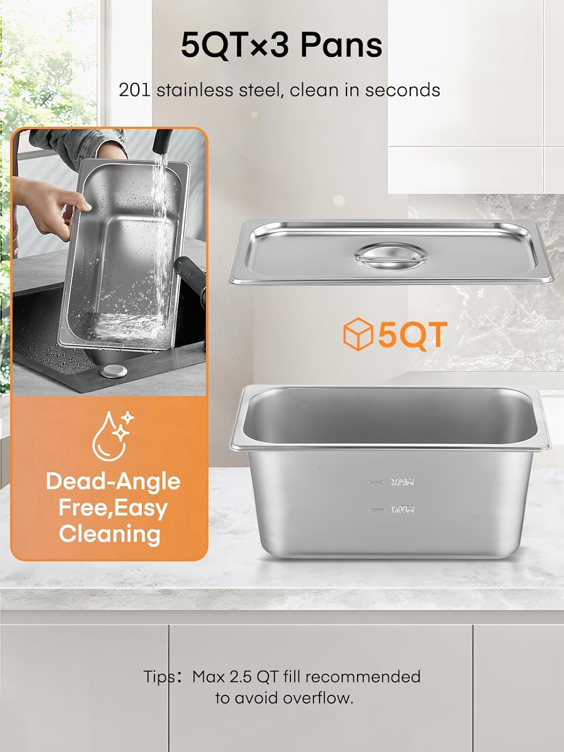 Commercial 3-Pan Food Warmer 1500W – Stainless Steel Steam Table for Buffet, Catering & Restaurant, with Individual Temperature Control, Drain Tap, Water Refill Alert – Includes 3 x 1/3 GN Pans