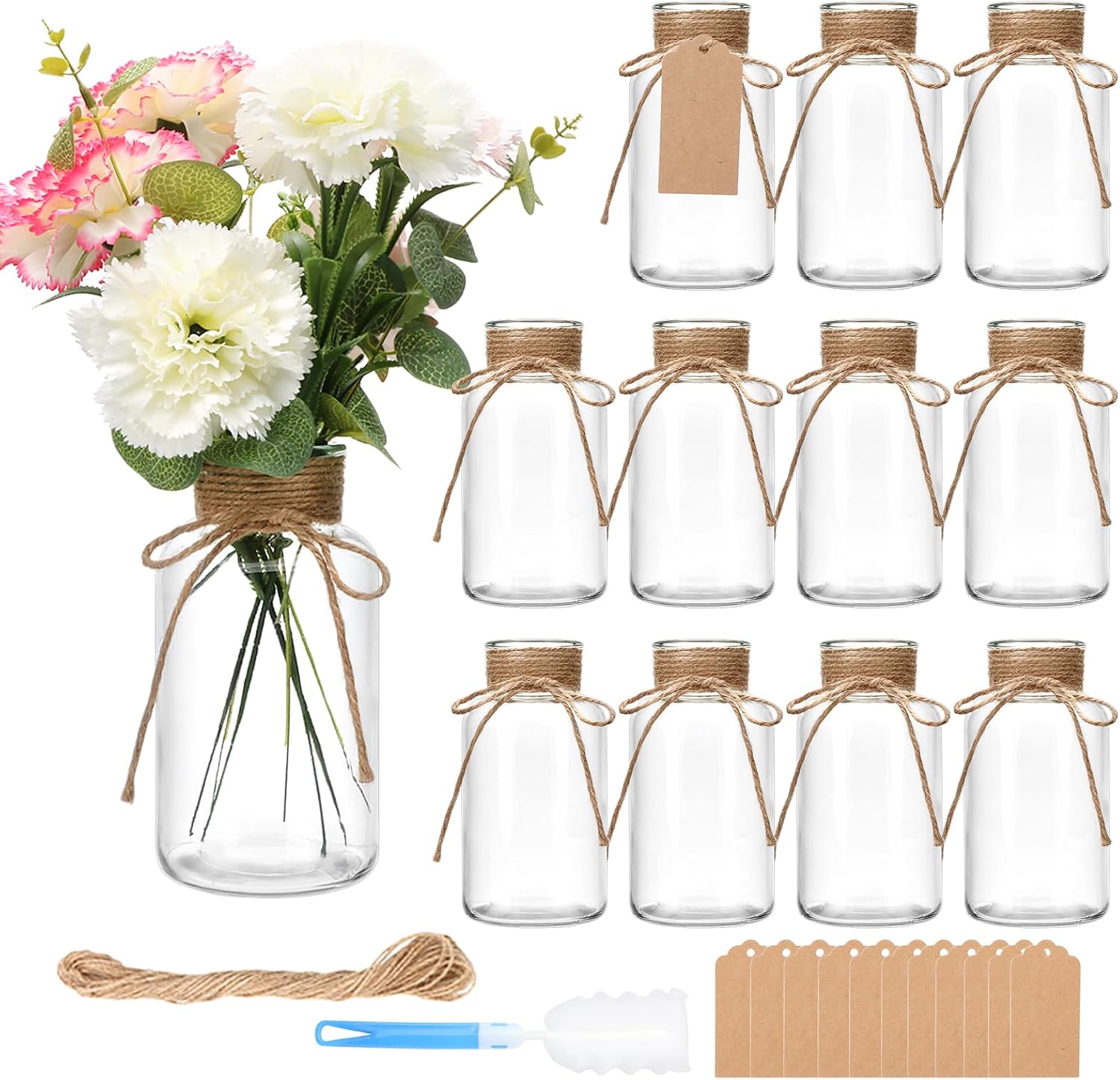 12 Pack Glass Flower Vases with Rope,Brajttt Vintage Bud Vases in Bulk,Mason Jars for Centerpieces,Flower Vase for Centerpieces and Tag for Weddings,Home Decor & DIY Projects