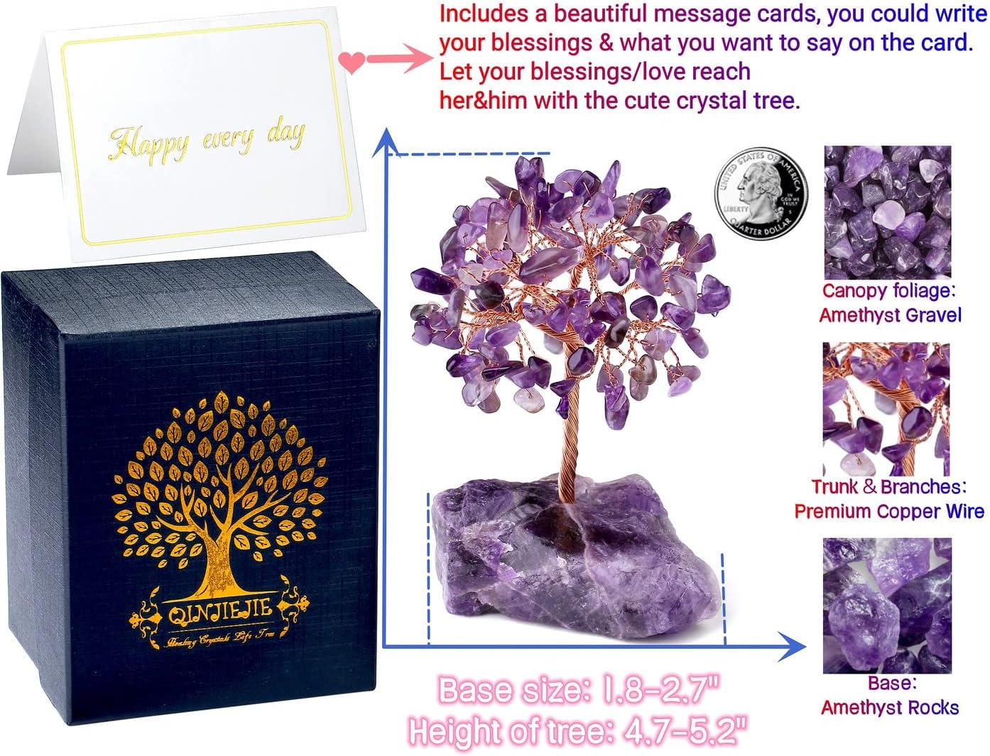 QINJIEJIE Bundle of Amethyst Crystal Tree and Owl Decor Stone Figurines Natural Reiki Gemstone Tree Life Stone Base Copper Wire Office Desk Room Feng Shui Home Decor Gifts