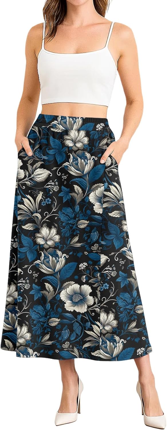NILOUFO Women Trendy Maxi Skirts Casual High Waisted Elastic A-Line Long Skirt with Pockets