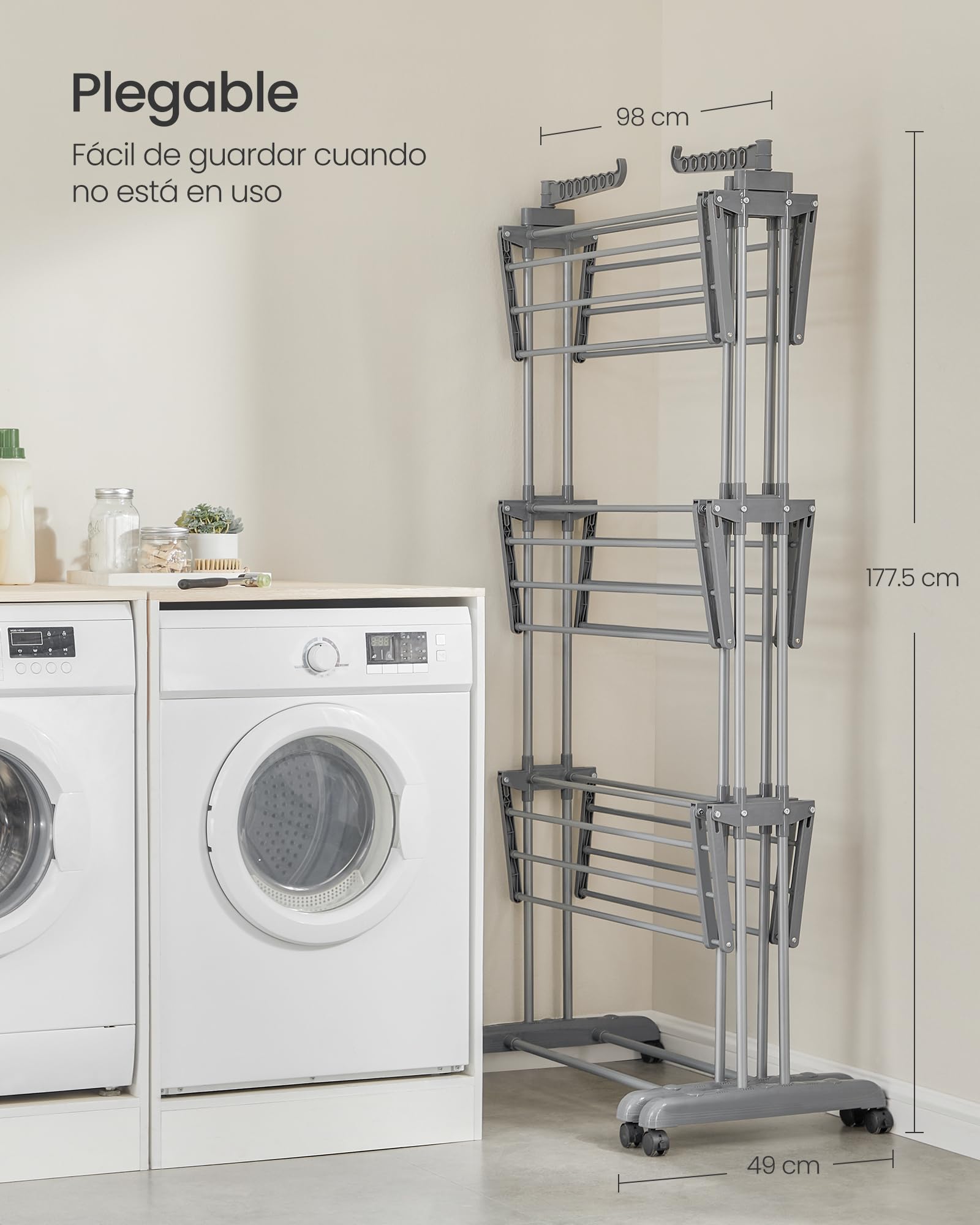 SONGMICS Tendedero Plegable de 4 Niveles, con Ruedas, Alas Plegables, (131-200) x 63,5 x 177,5 cm, Gran Capacidad, Montaje Fácil, Uso Interior y Exterior, Gris LLR704G01